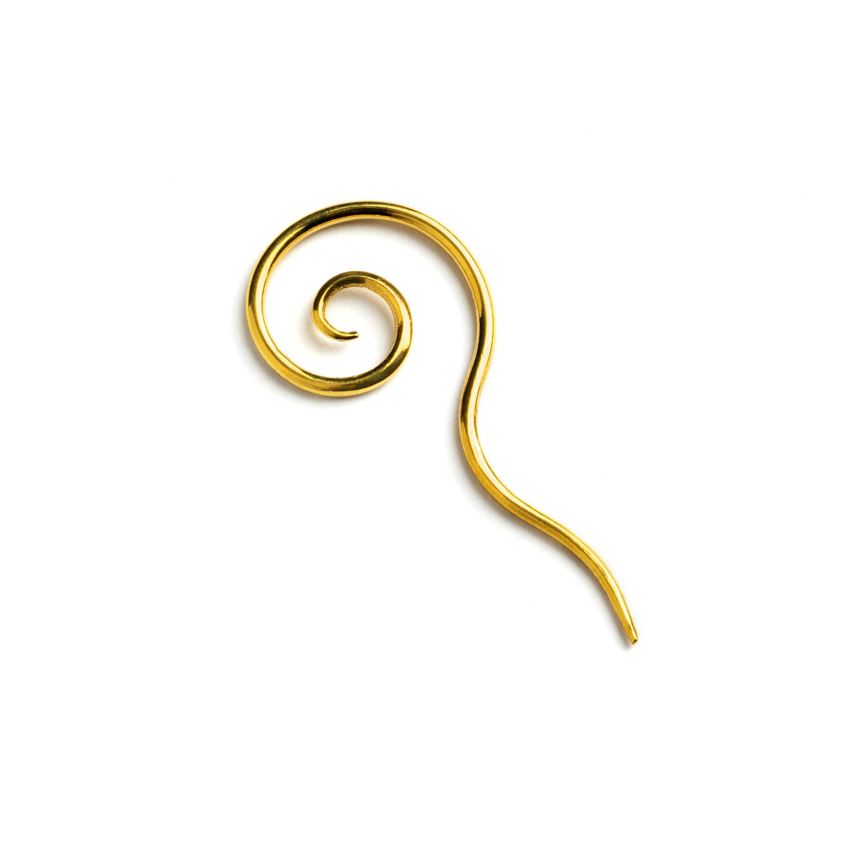 single golden brass wire long tailed spiral hook earring right side view