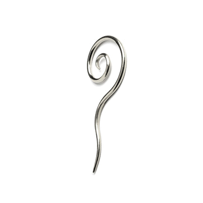 single silver wire long tailed spiral hook earring left side view