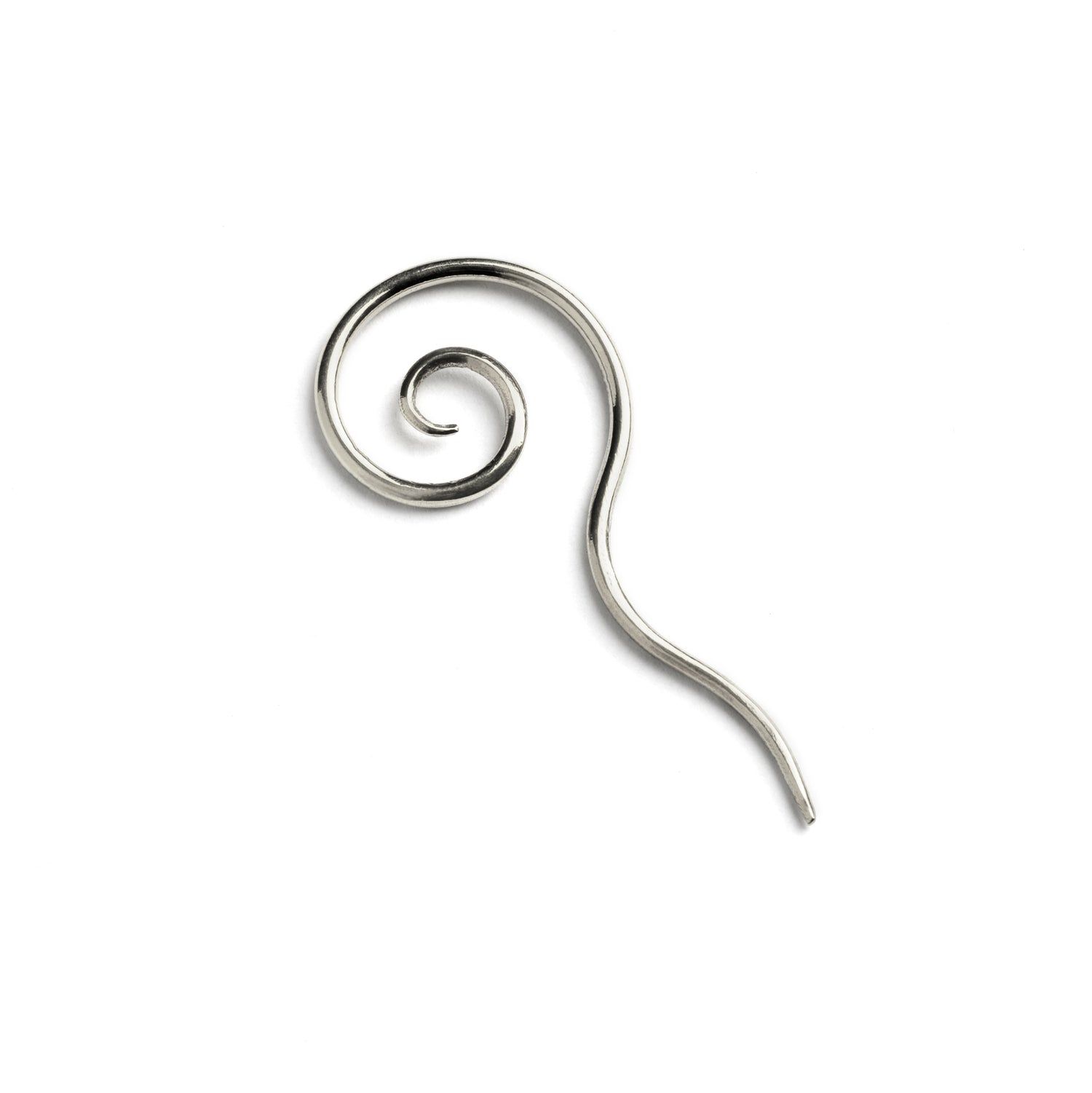 single silver wire long tailed spiral hook earring right side view