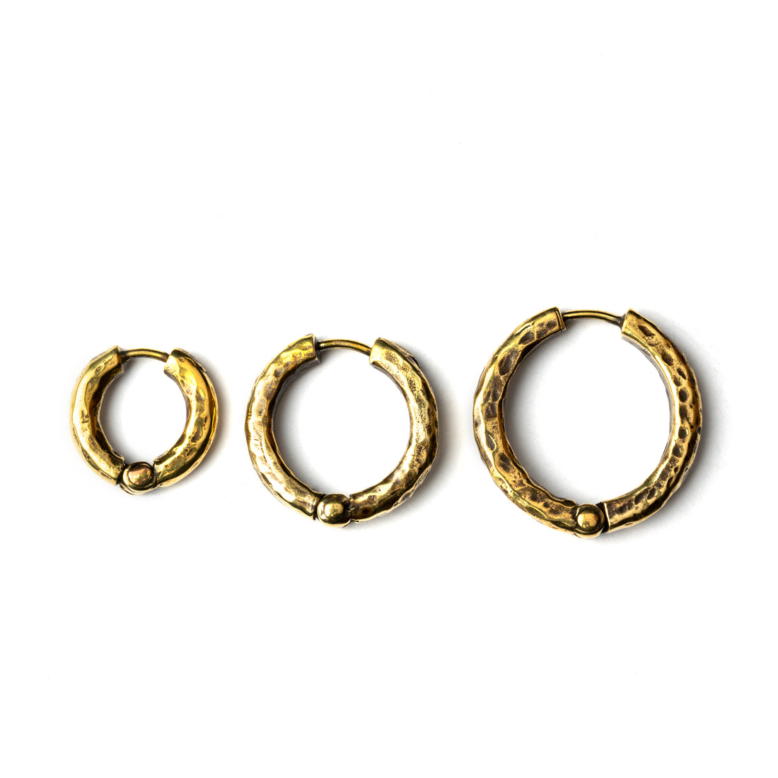 Small, medium and large Hammered brass Clicker hoop Earrings