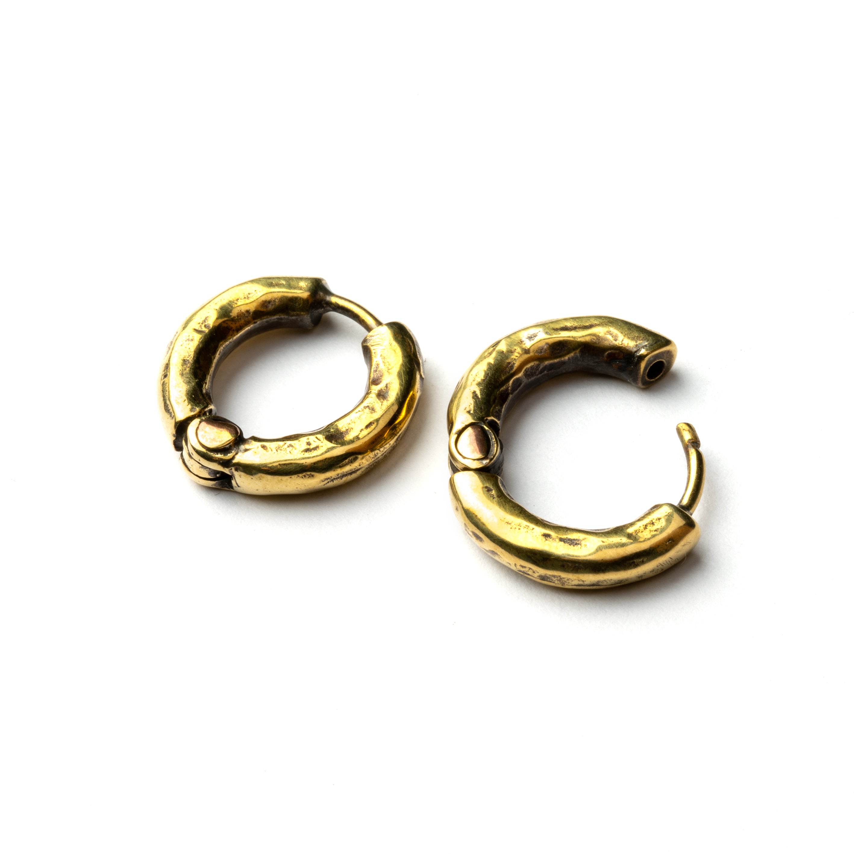 Hammered brass Clicker hoop Earrings open clasp view
