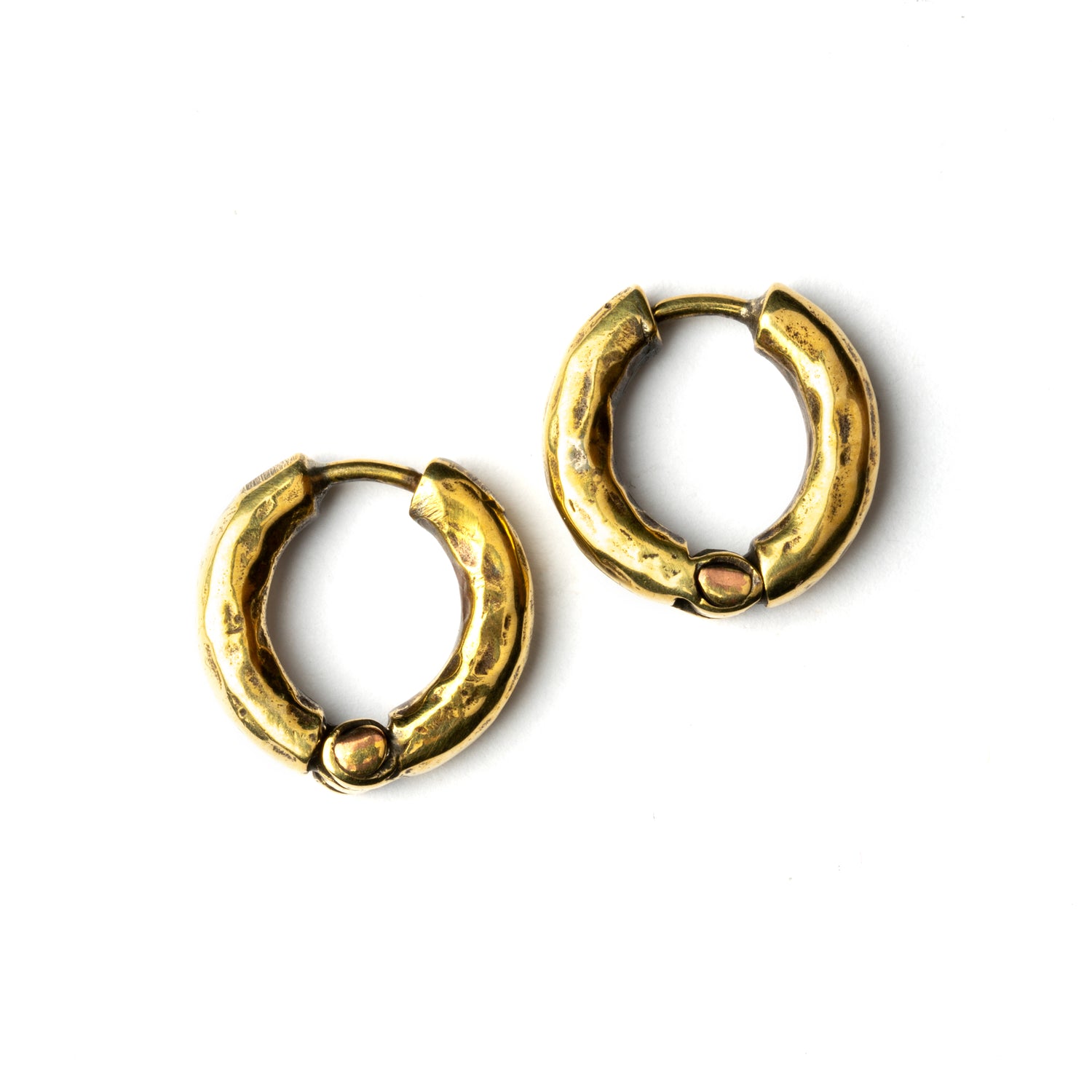 small brass hammered clicker hoop earrings frontal view
