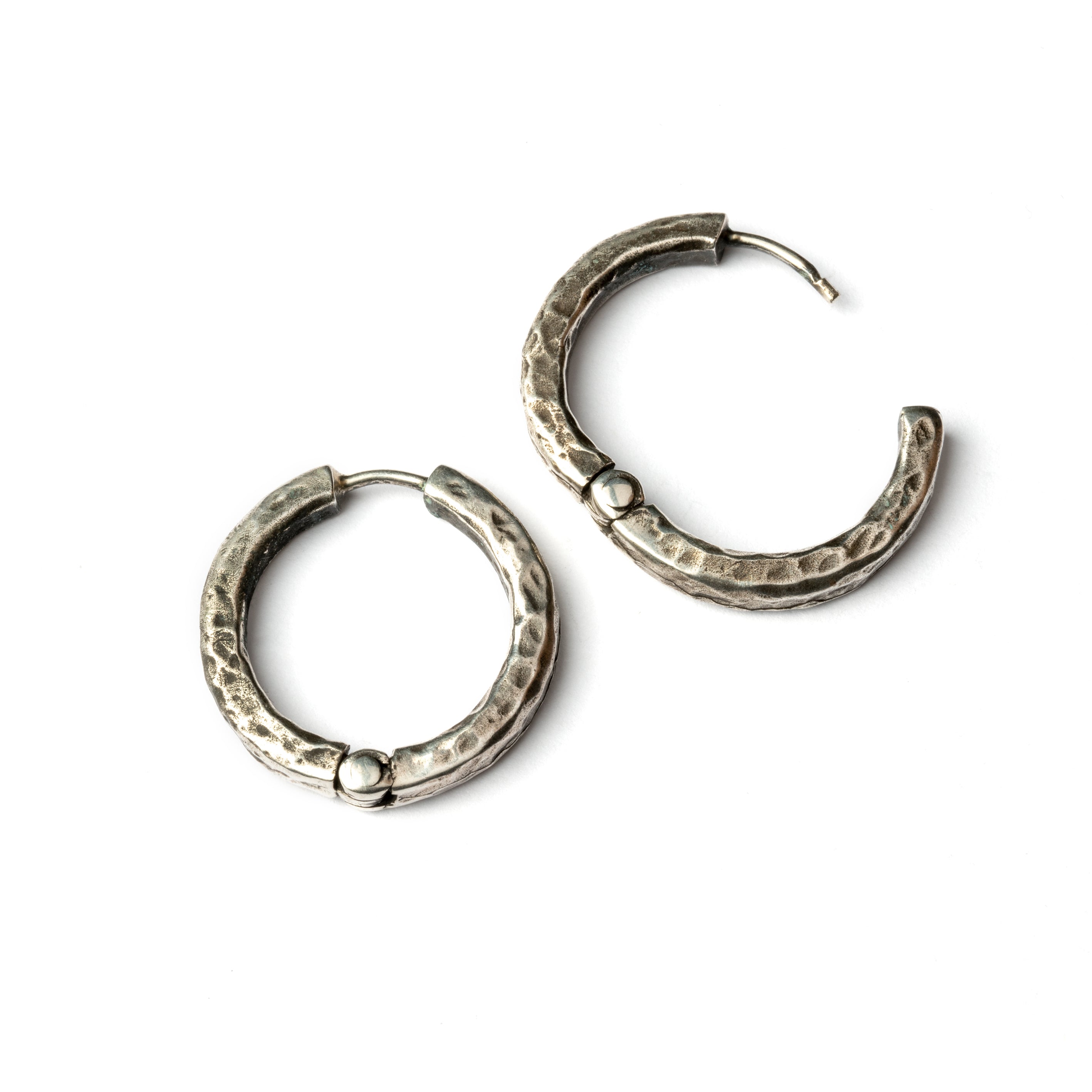 hammered oxidised silver hoop earrings with click on locking system 26mm locking system view