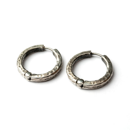 hammered oxidised silver hoop earrings with click on locking system 26mm side view