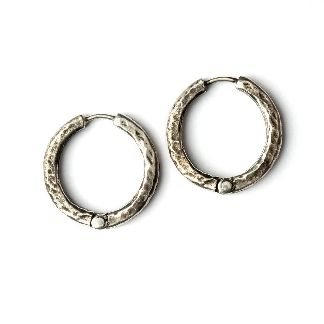 hammered oxidised silver hoop earrings with click on locking system 26mm front view
