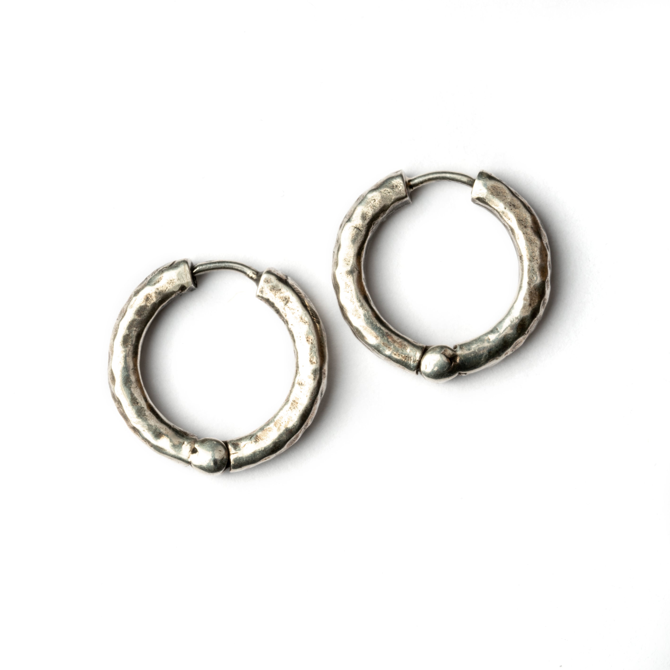 hammered oxidised silver hoop earrings with click on locking system 22mm front view