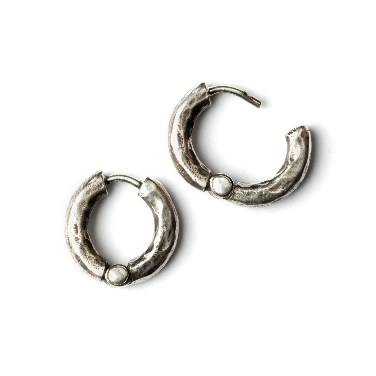 hammered oxidised silver hoop earrings with click on locking system 22mm locking system view