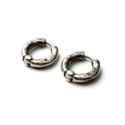 hammered oxidised silver hoop earrings with click on locking system 18mm side view
