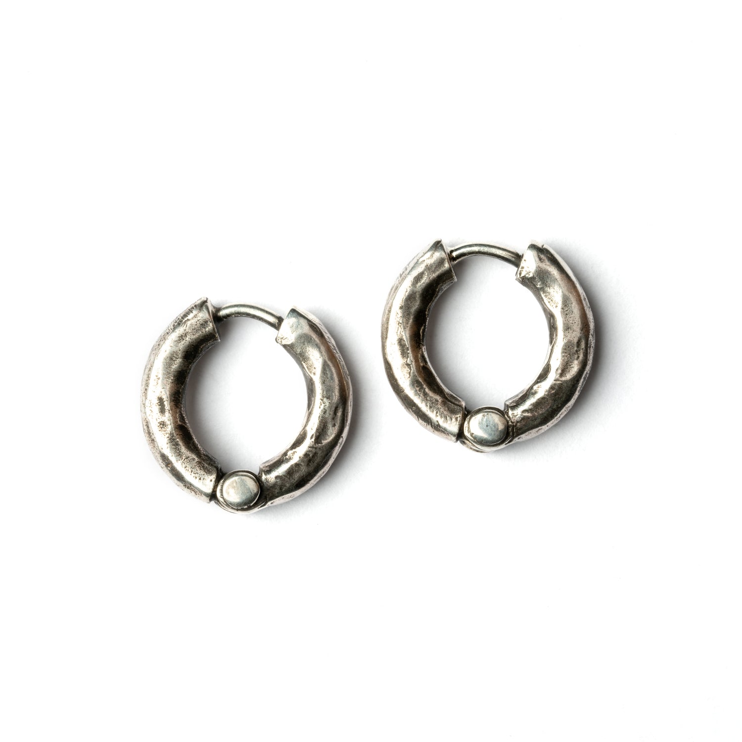 hammered oxidised silver hoop earrings with click on locking system 18mm front view