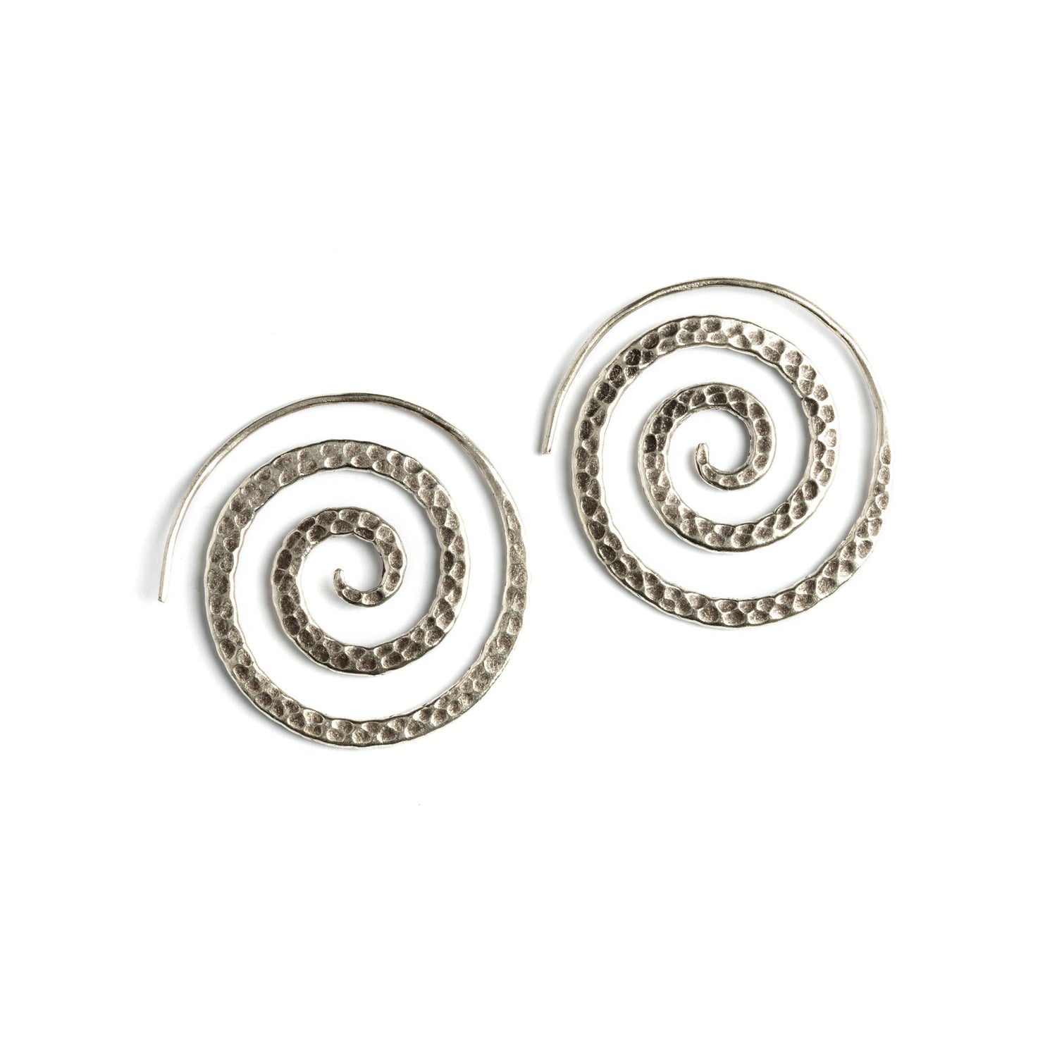 Hammered Spiral Tribal Silver Earrings frontal view