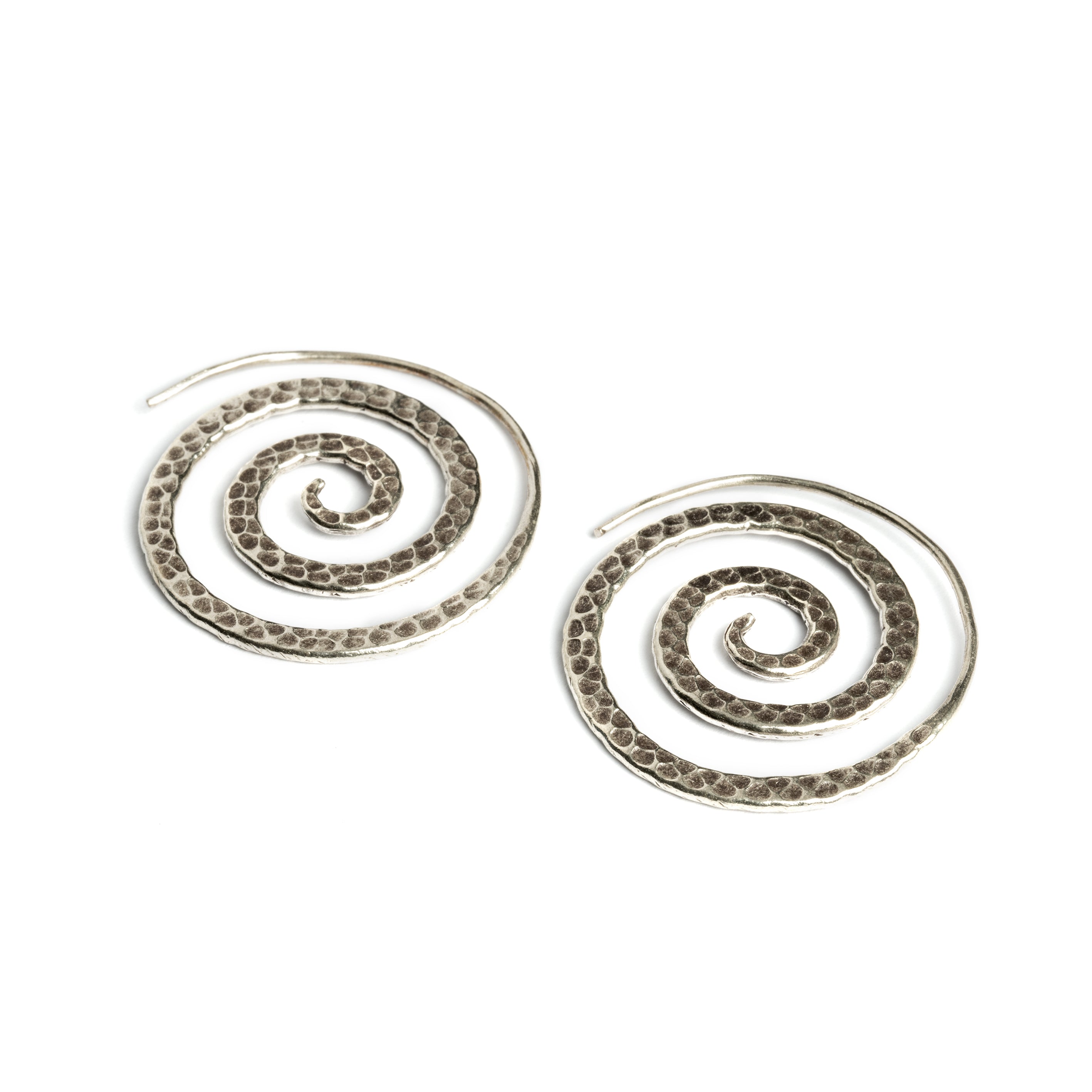 Hammered Spiral Tribal Silver Earrings side view