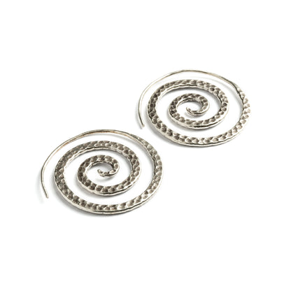 Hammered Spiral Tribal Silver Earrings left side view
