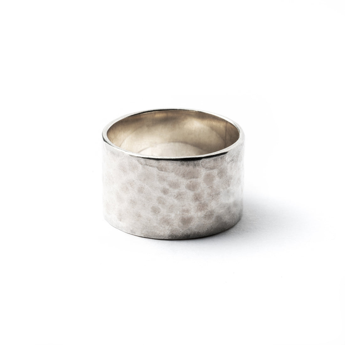 wide hammered silver band ring frontal view