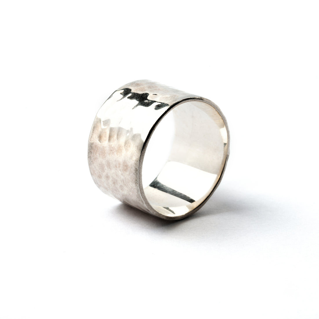wide hammered silver band ring side view