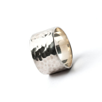 wide hammered silver band ring side view
