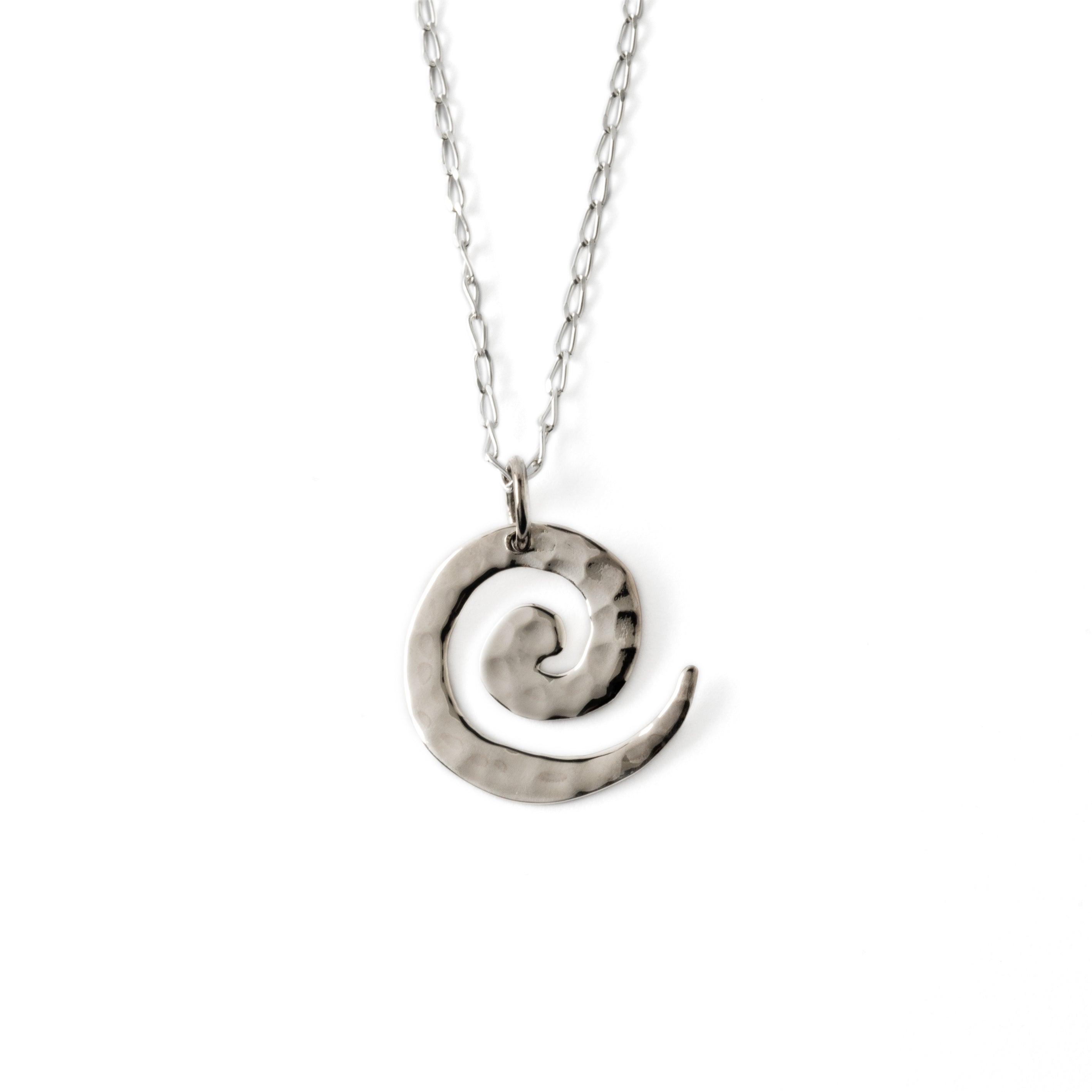 Hammered silver spiral charm necklace frontal view