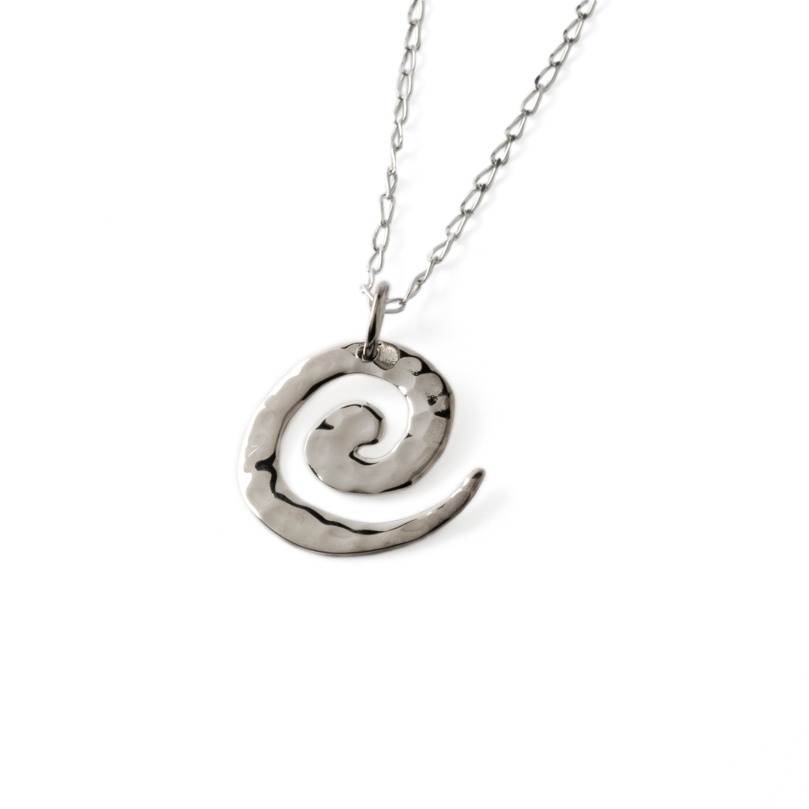 Hammered silver spiral charm necklace right side view