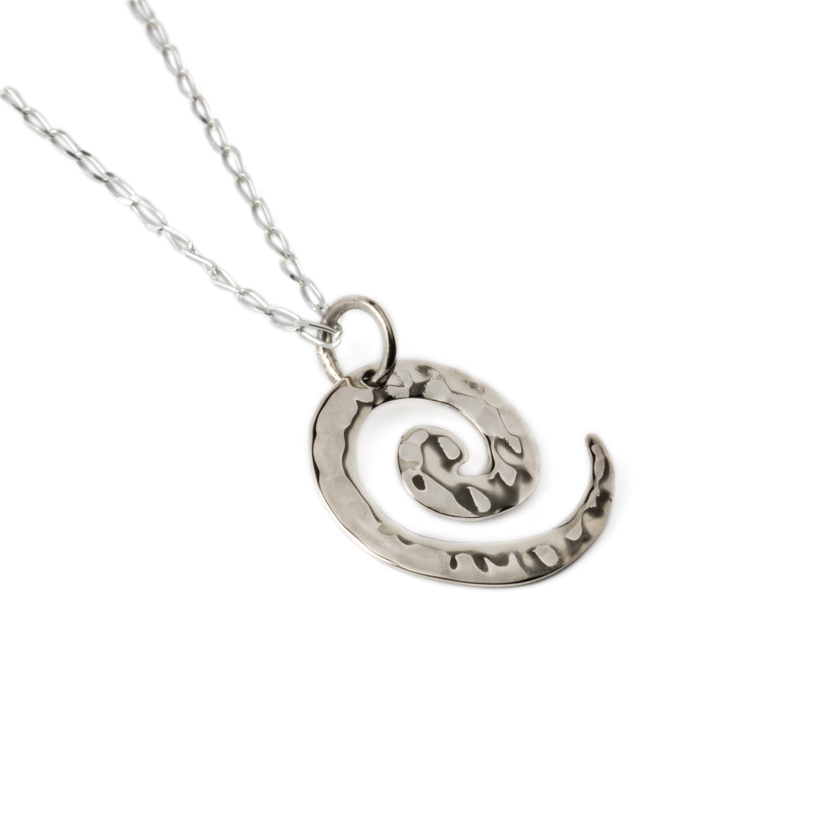 Hammered silver spiral charm necklace left side view