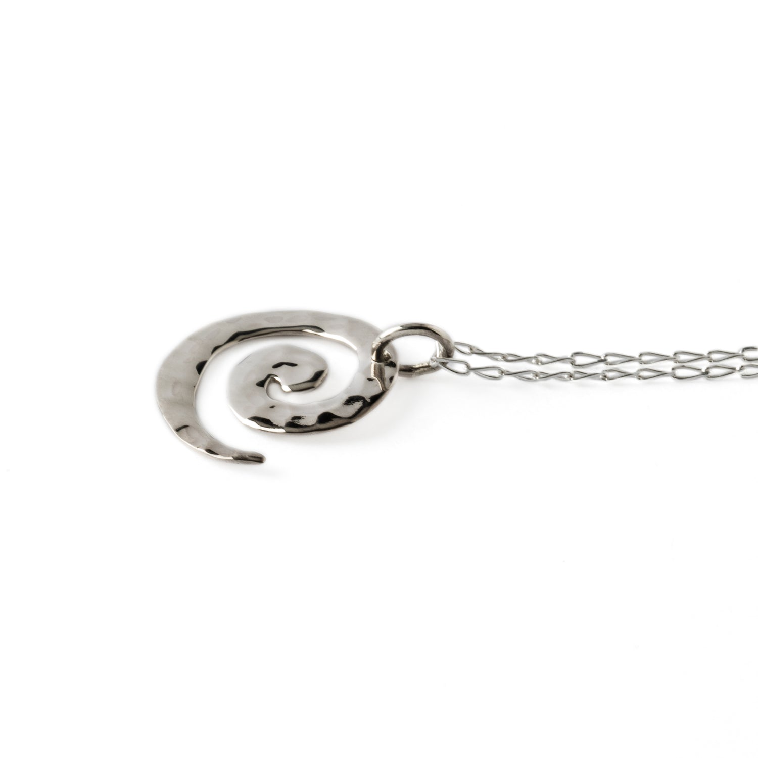 Hammered silver spiral charm necklace side view