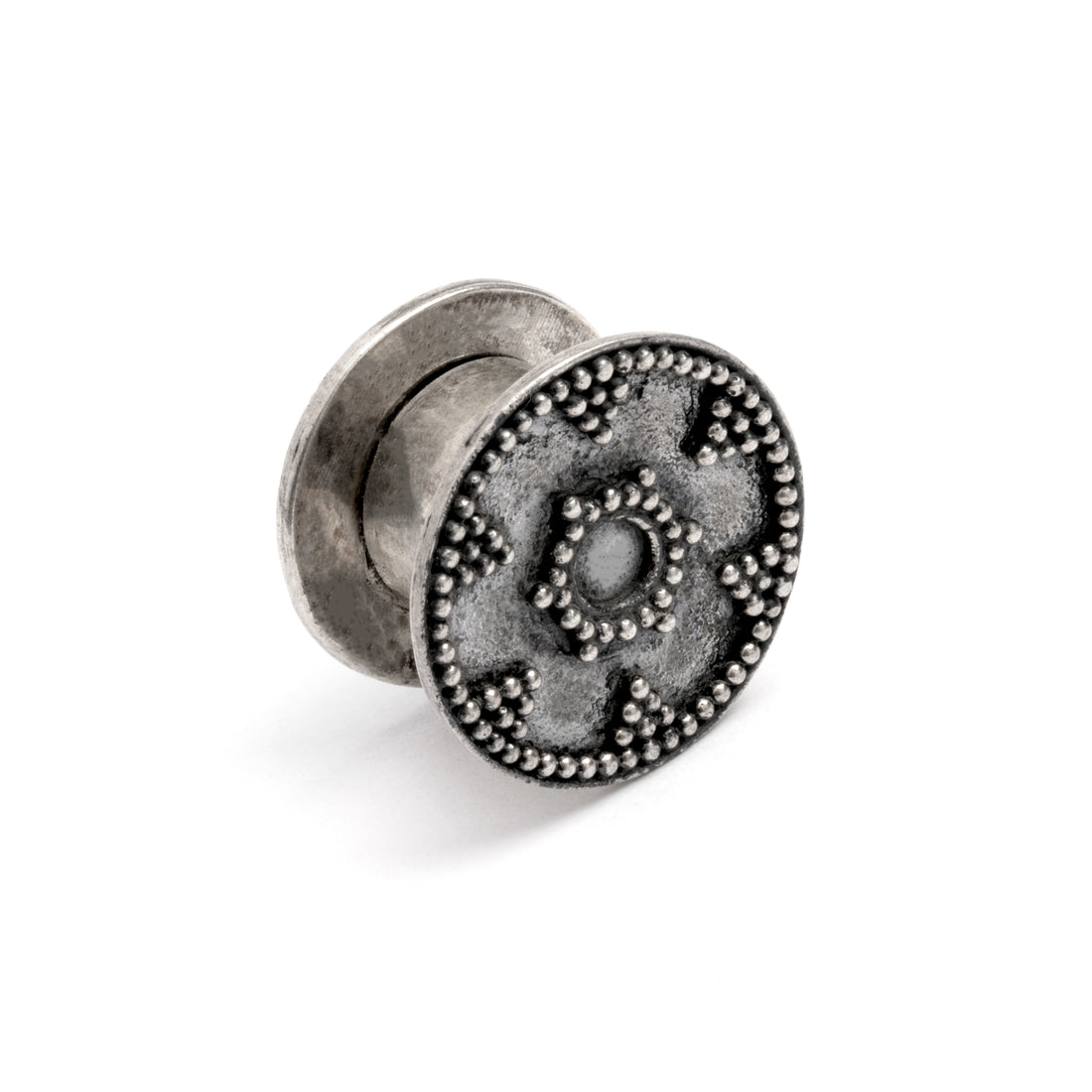single tribal screw on silver plug tunnel ornamented with spheres