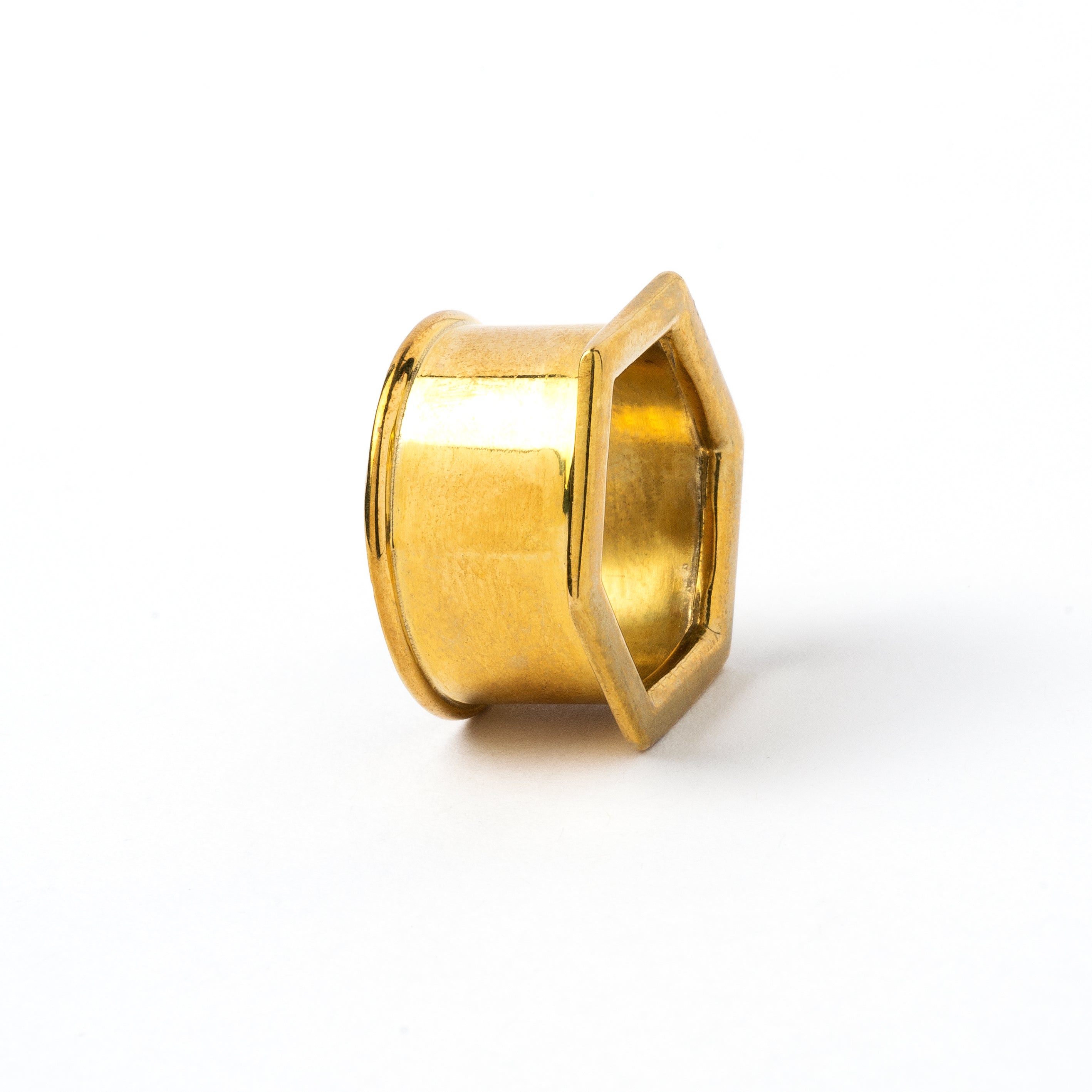single golden brass hexagon ear tunnels side view