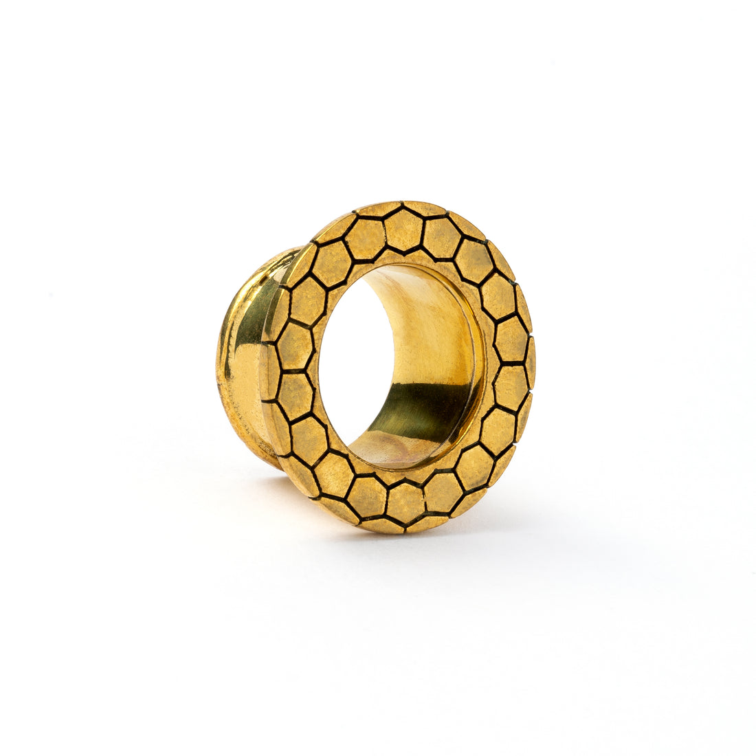 Honeycomb golden brass flesh tunnel for stretched ears right side view