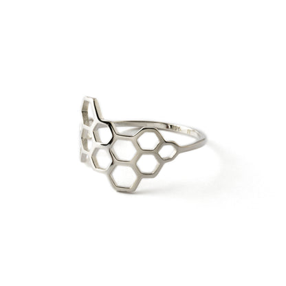 silver ring with honeycomb outlines left side view