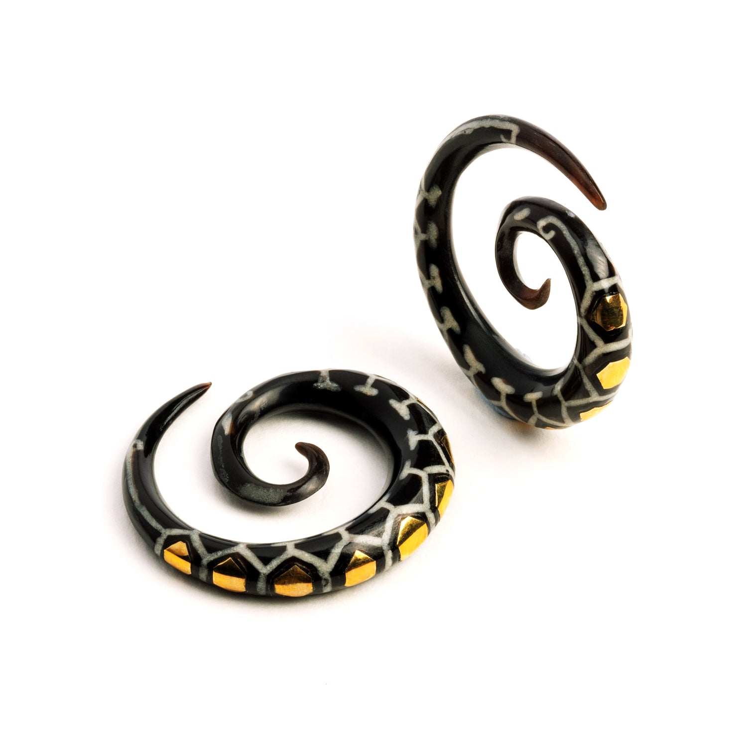 pair of honeycomb spiral ear gauges front and side view
