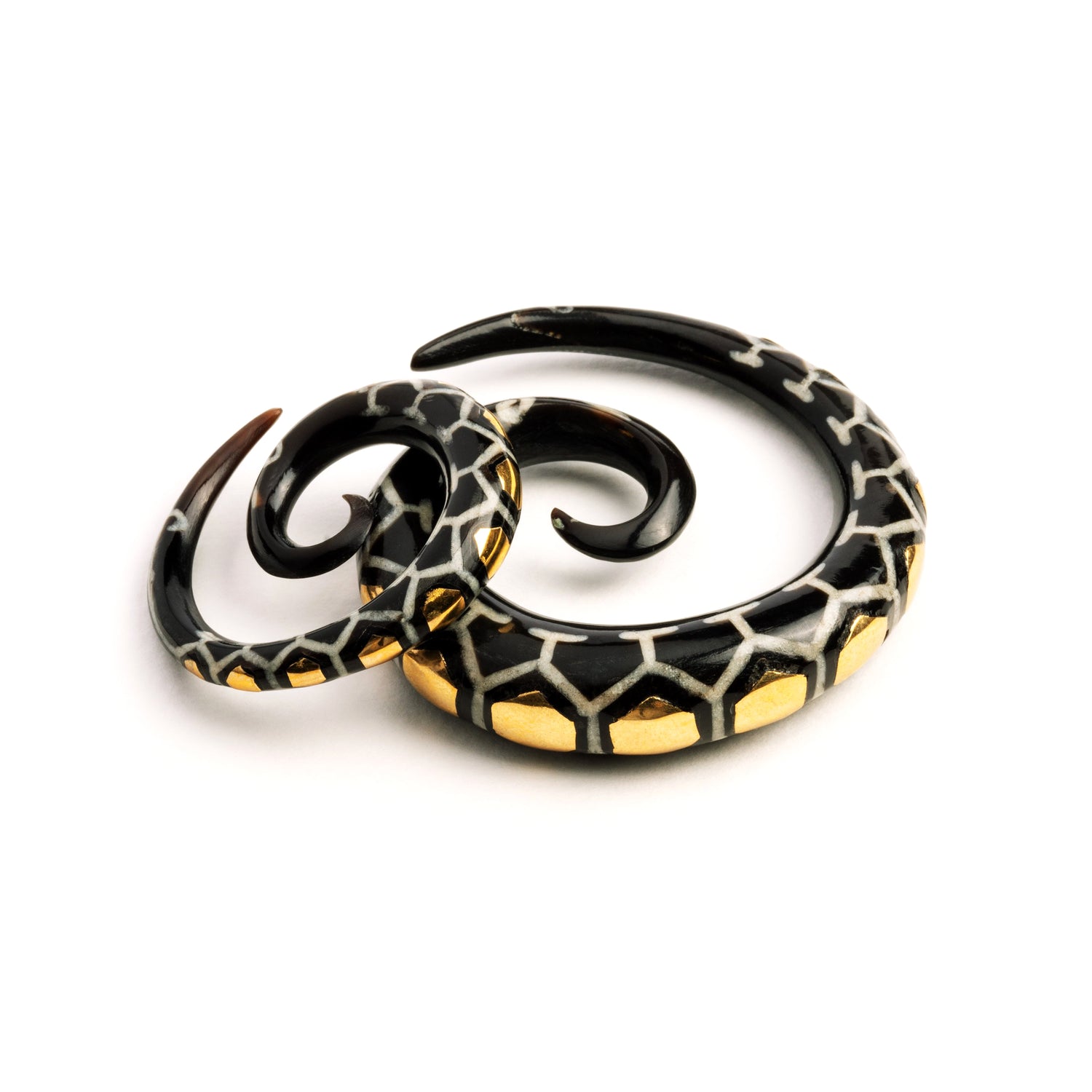 different sizes of honeycomb spiral ear gauges right and left side view