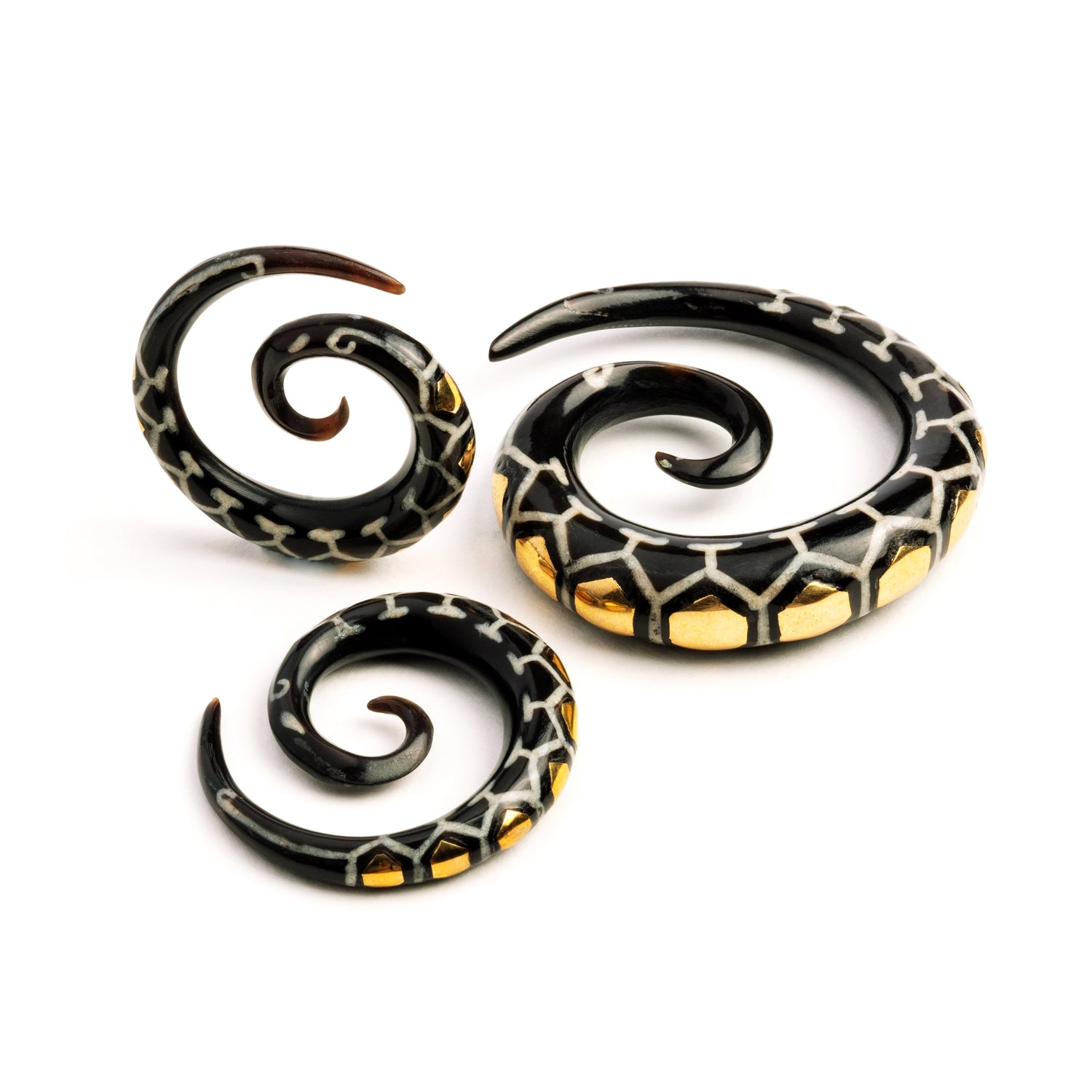 different sizes of honeycomb spiral ear gauges front and side view