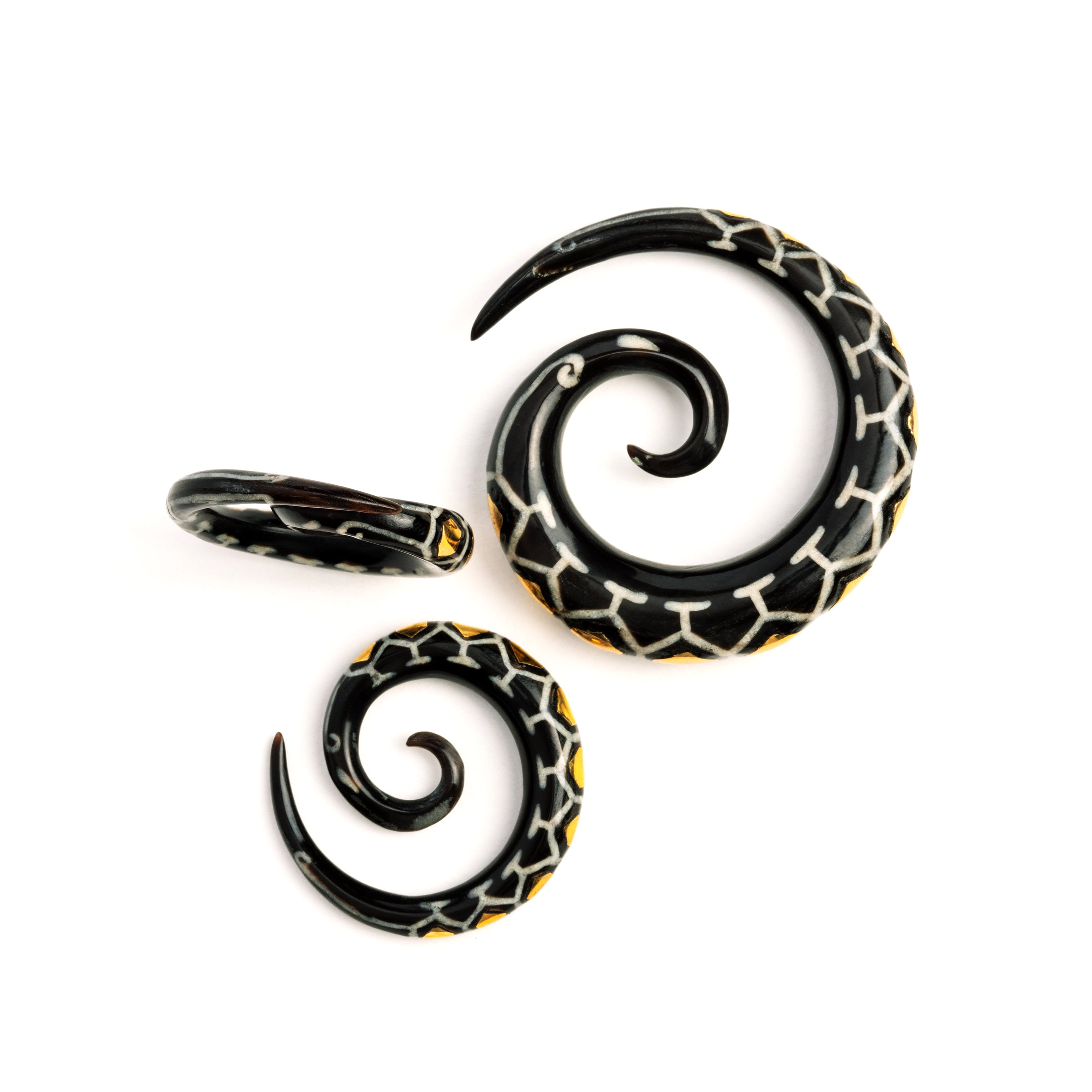 different sizes of honeycomb spiral ear gauges front view
