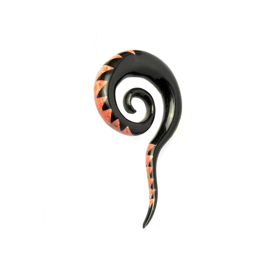 single spiral long hook ear stretcher with pattern of coral inlay triangles right side view