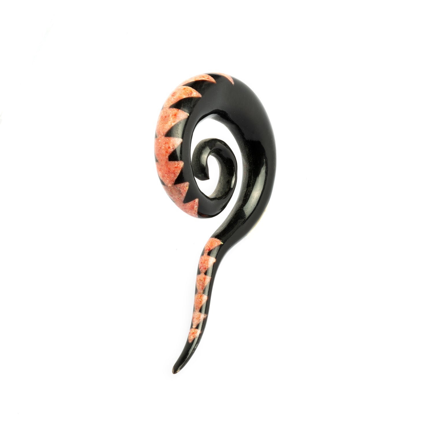 single spiral long hook ear stretcher with pattern of coral inlay triangles front view