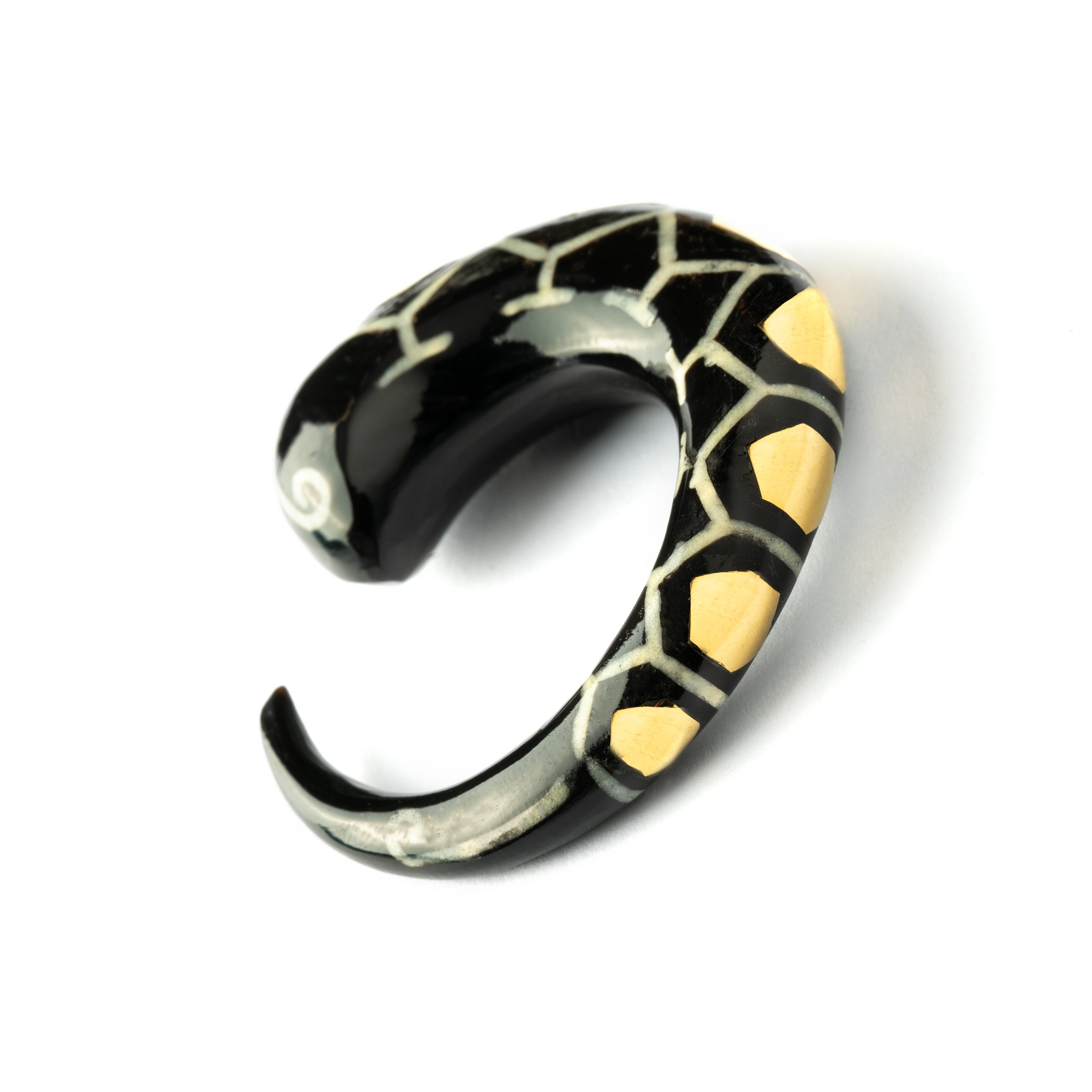 single horn ear stretcher with brass hexagons, curved hook shaped back view