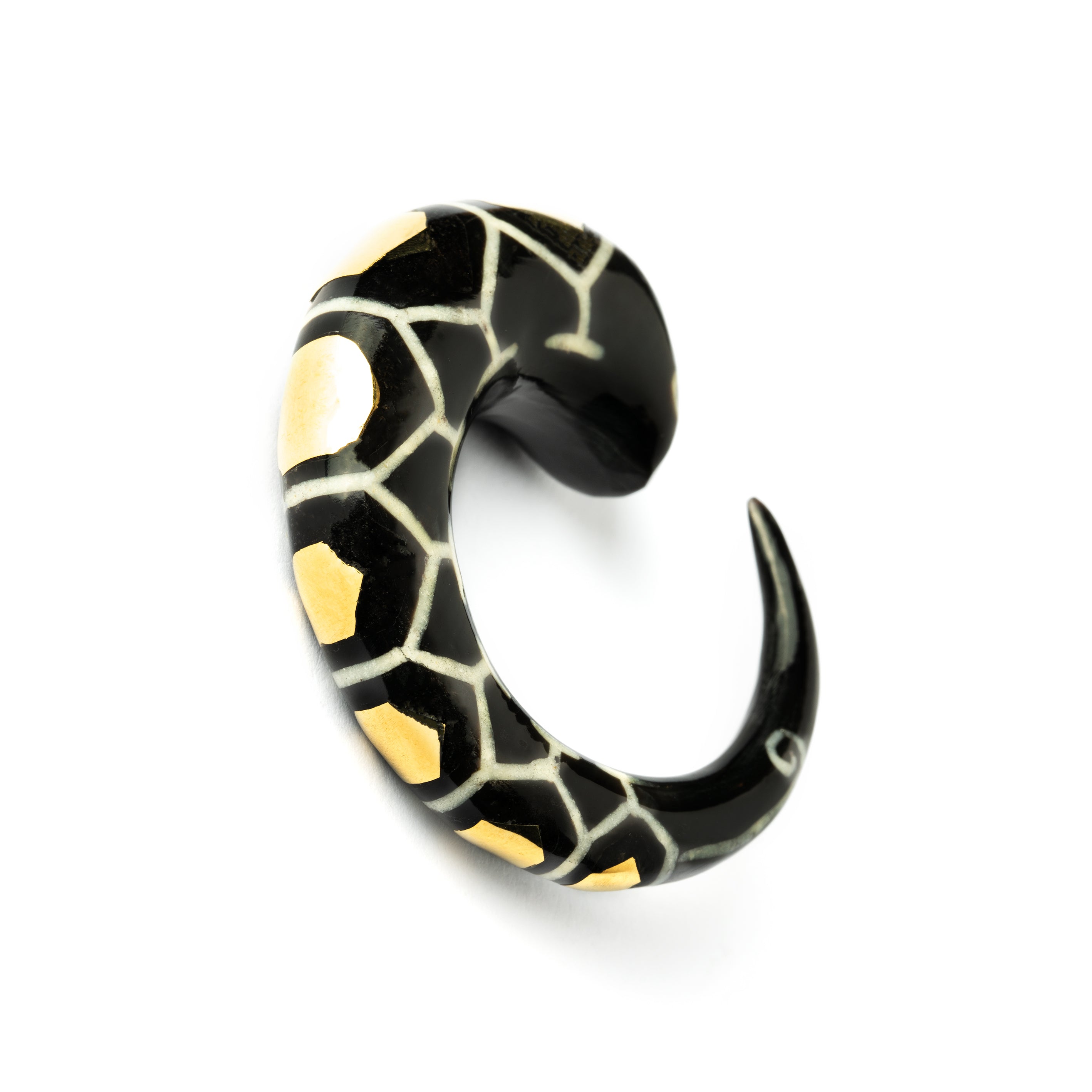 single horn ear stretcher with brass hexagons, curved hook shaped right side view