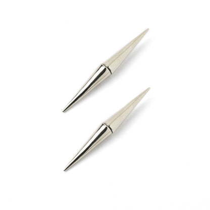 pair of straight double sided spike earrings made out of Sterling Silver left side view