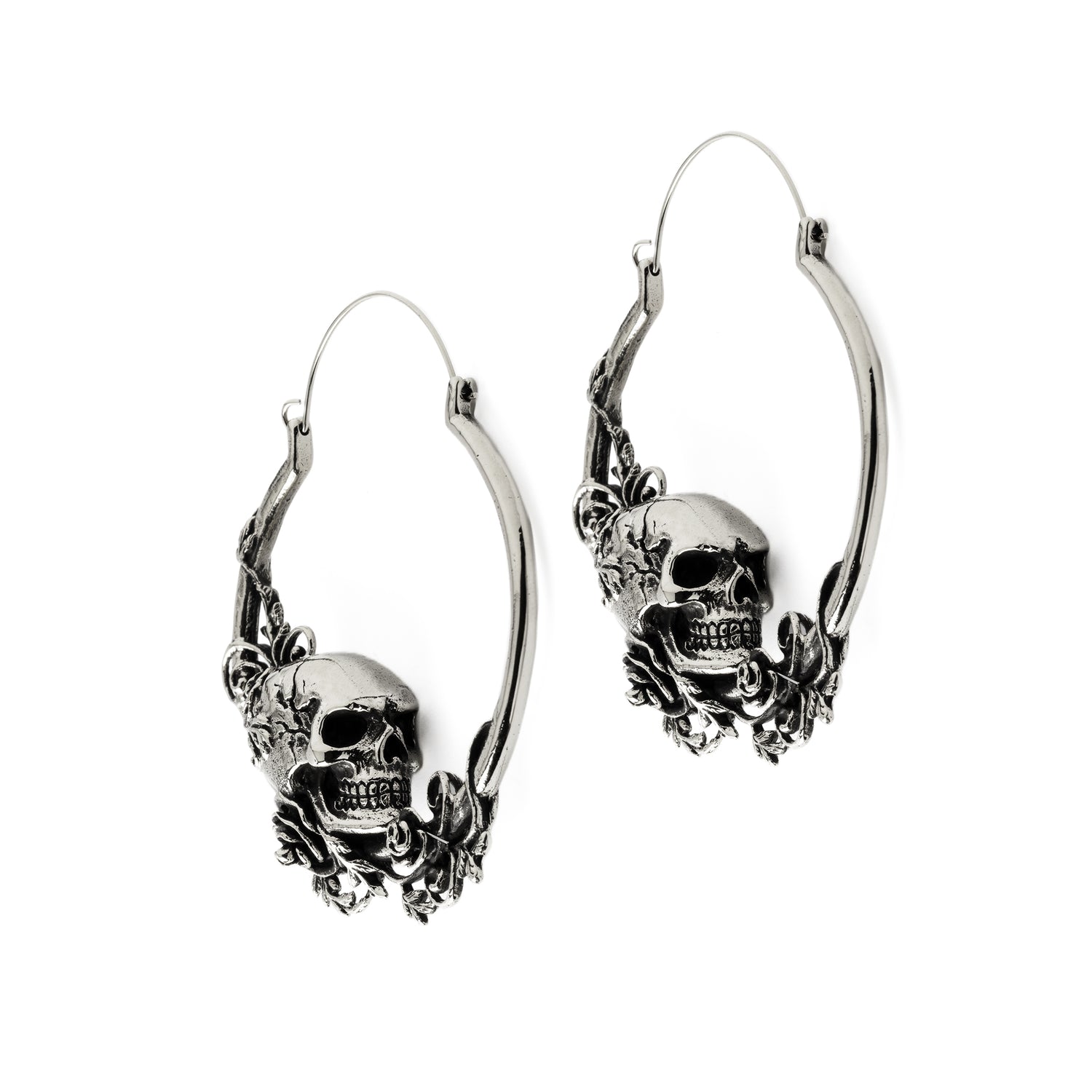 Immortal skull hoop earrings front side view