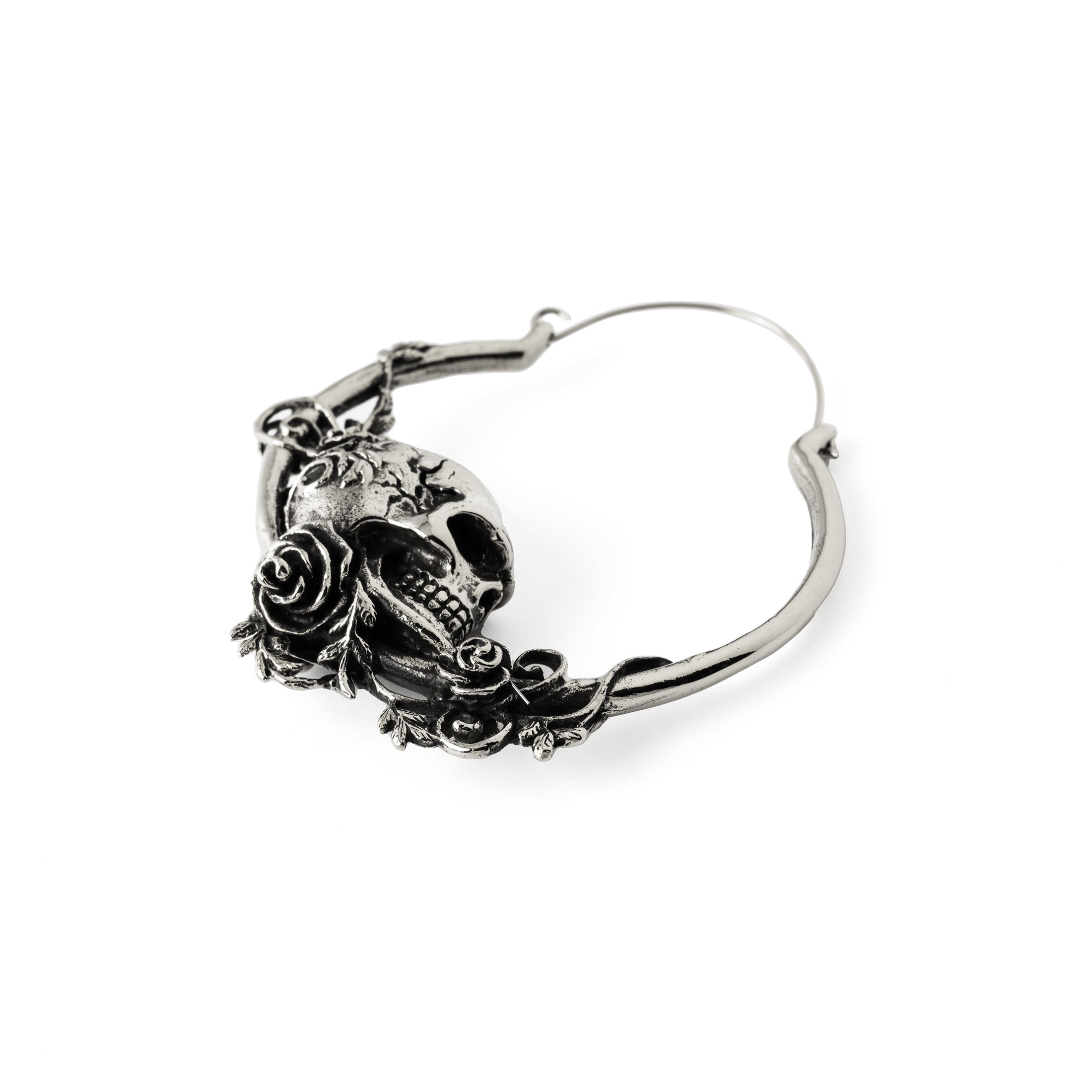 Immortal skull hoop earrings down and front view