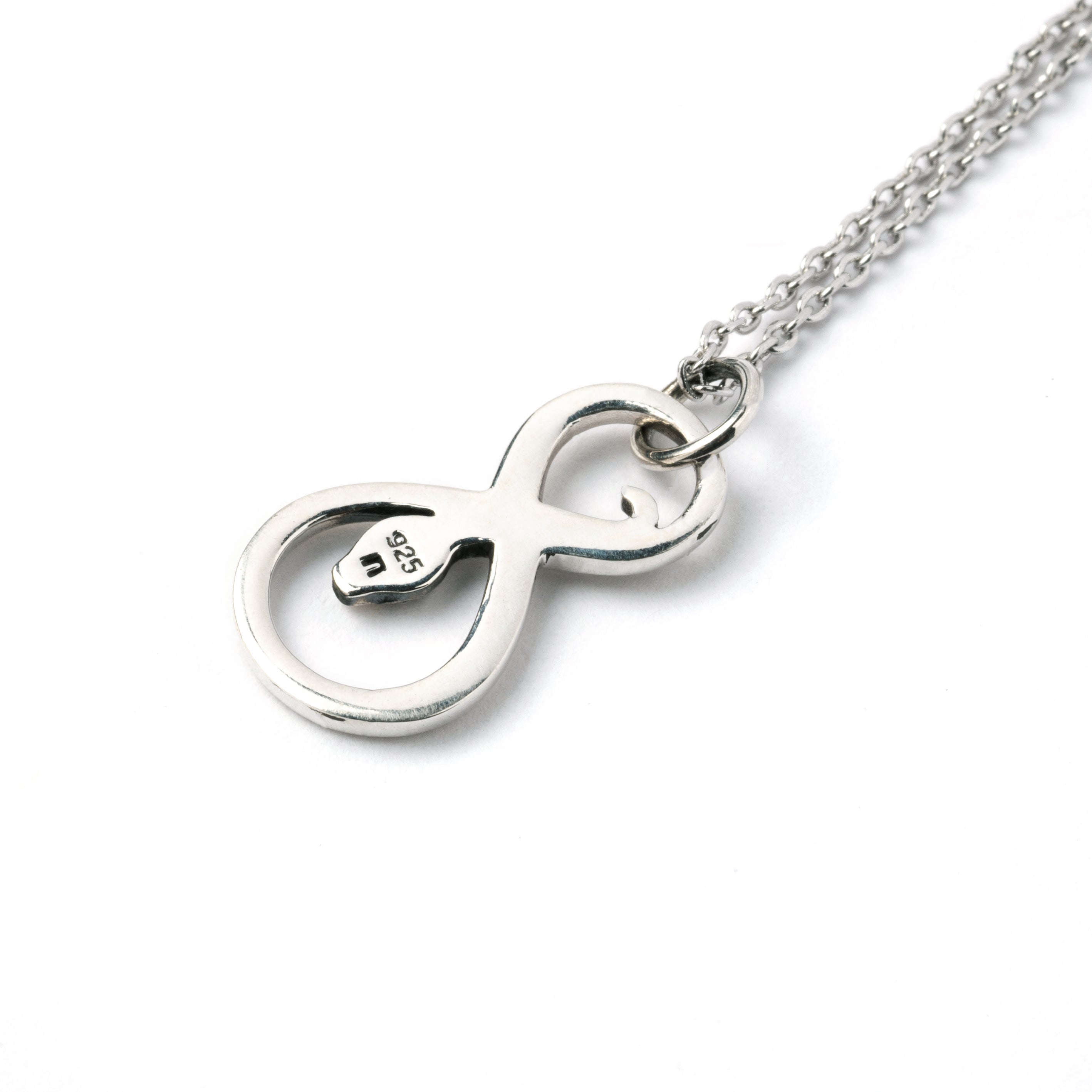 Infinity Silver Snake Charm necklace back side view