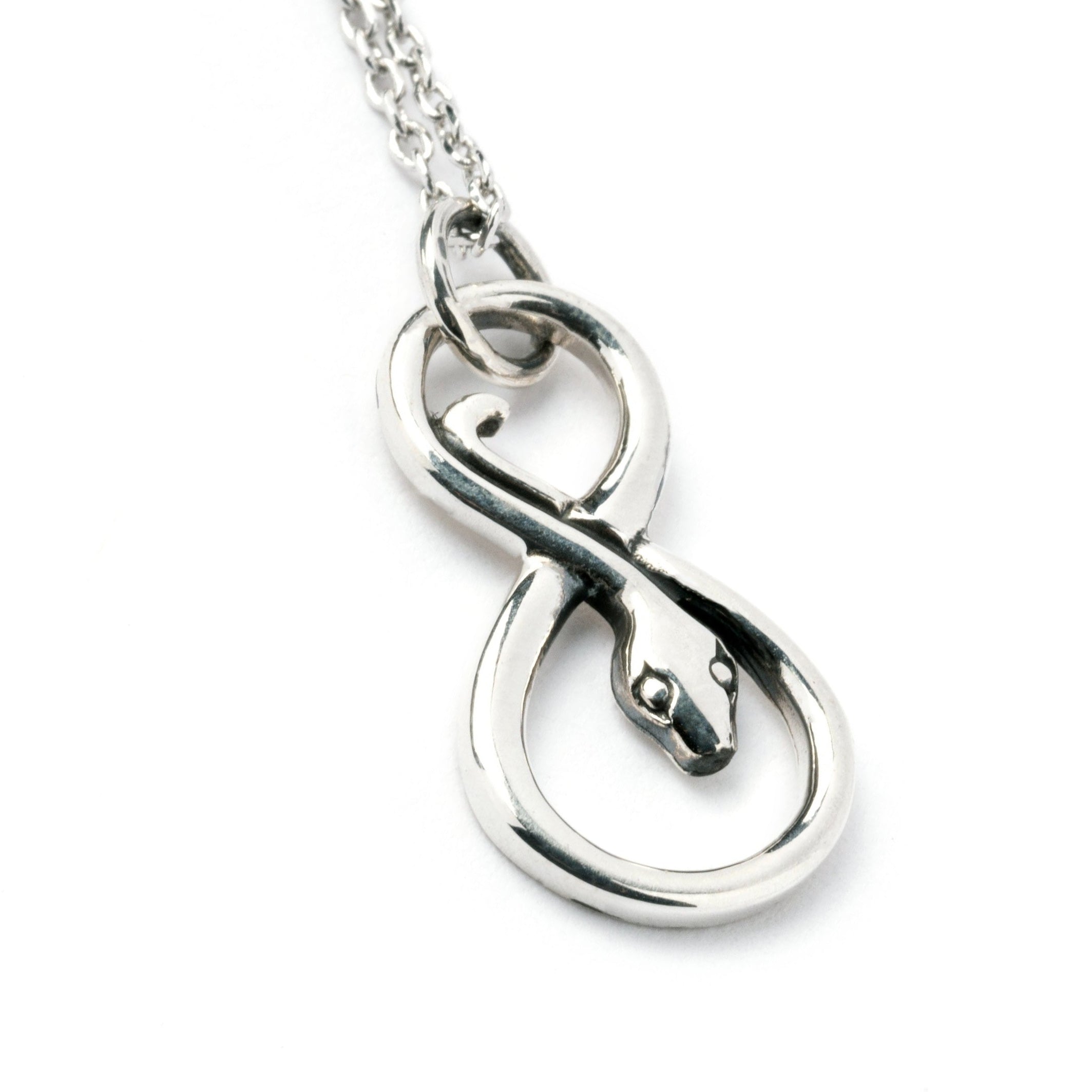 Infinity Silver Snake Charm necklace left side view
