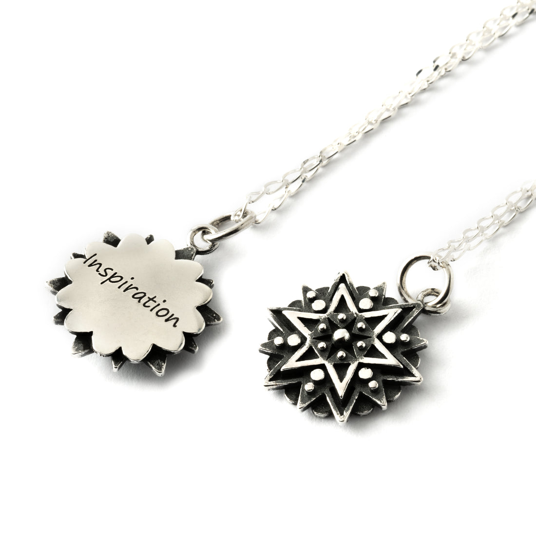 Inspiration Star Charm both sides view, star ornament on the front and "inspiration" text on the back
