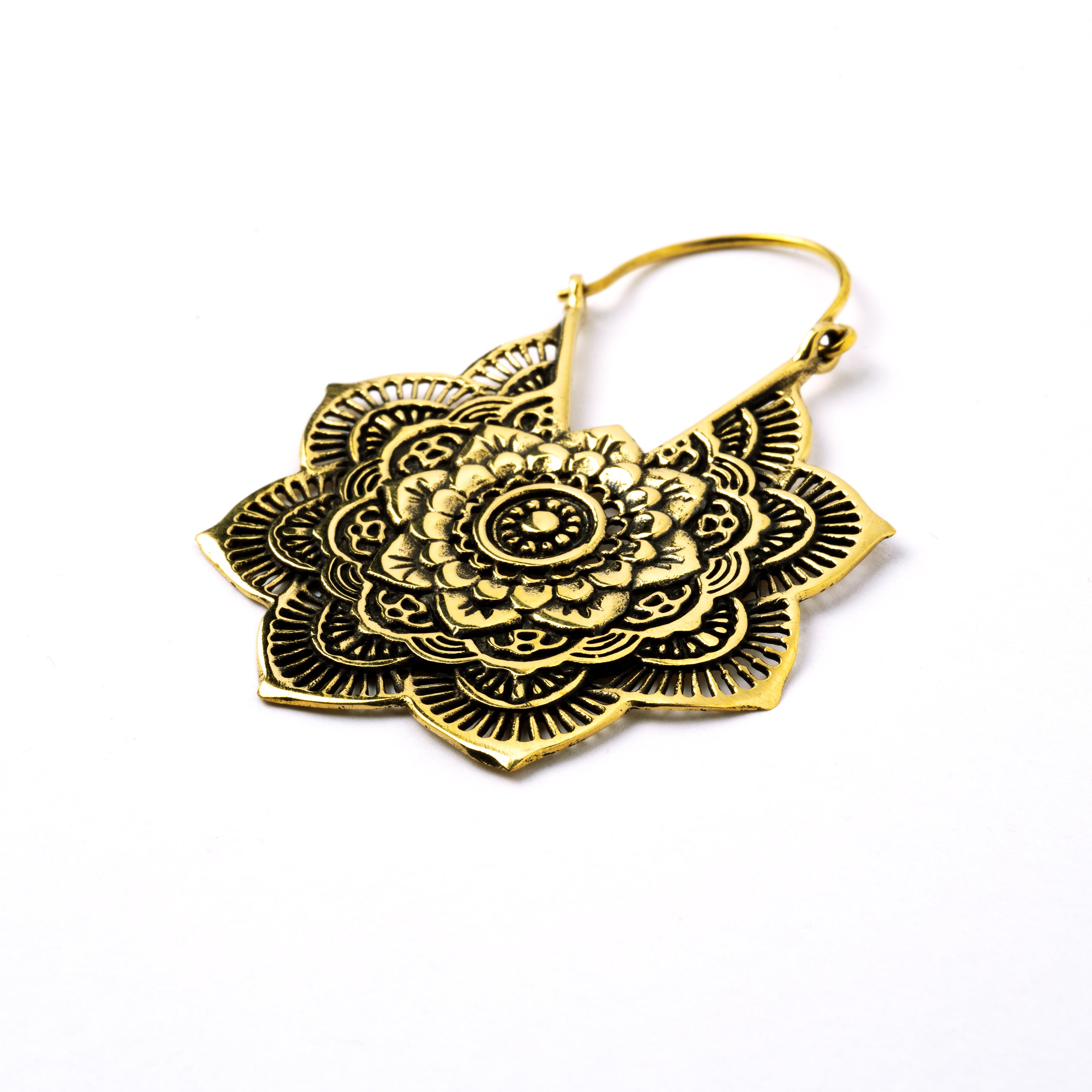single golden brass carved layered flower mandala earring left side view
