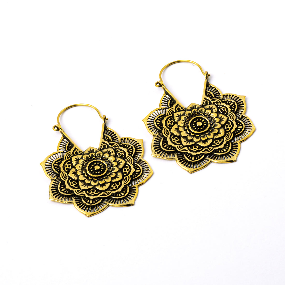 pair of golden brass carved layered flower mandala earrings right side view