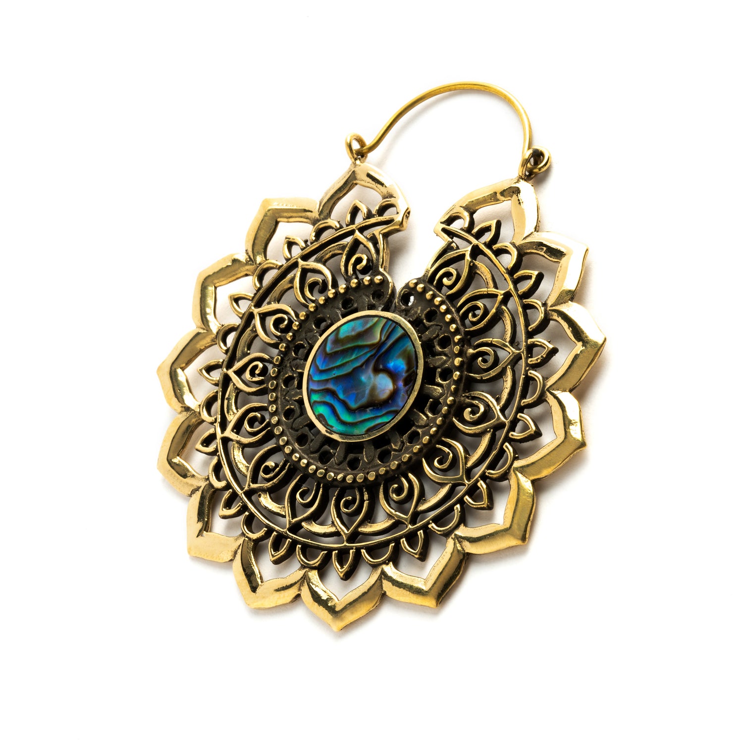 single golden brass large lotus open mandala earring with centred abalone right side view