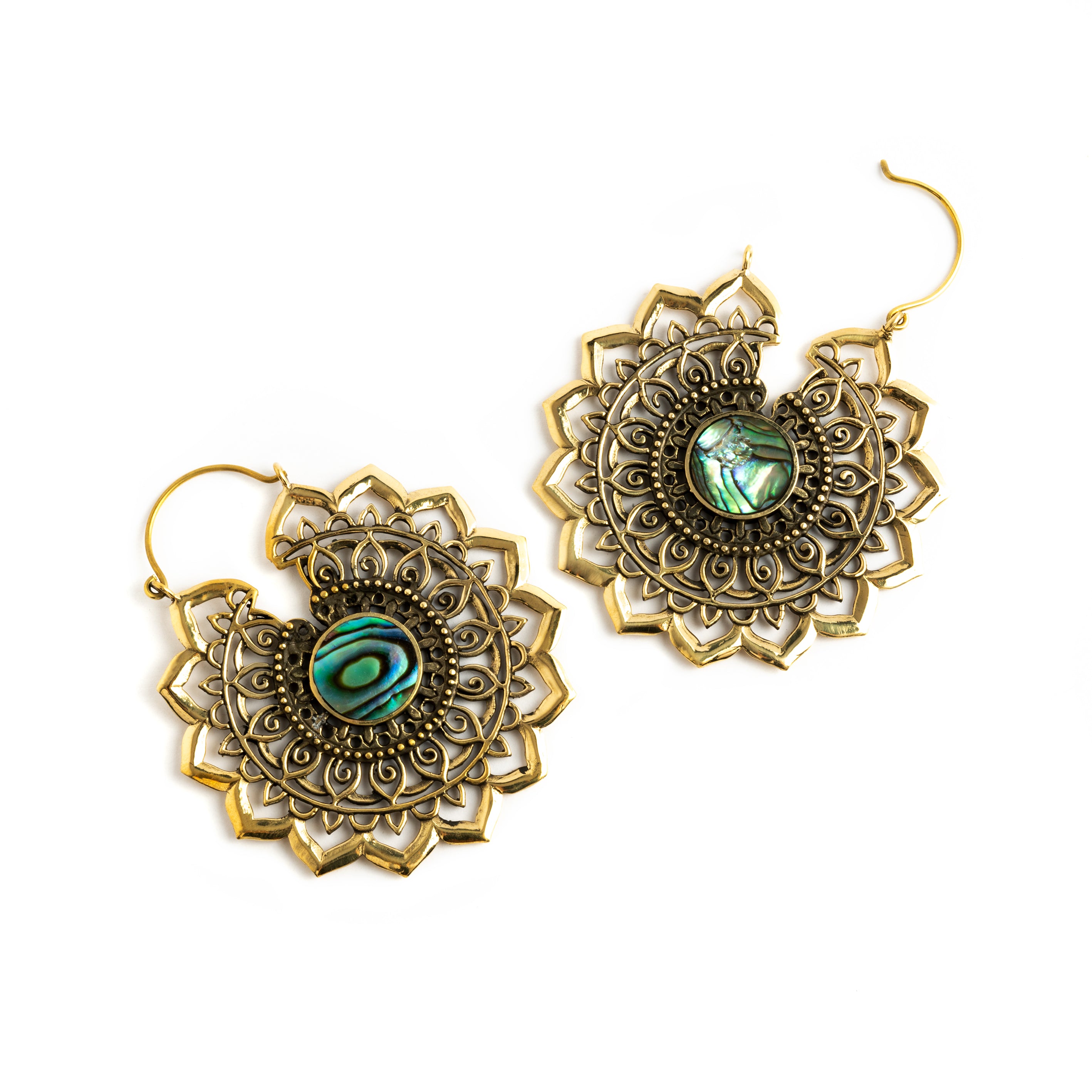 pair of golden brass large lotus open mandala earrings with centred abalone frontal open closure modeview