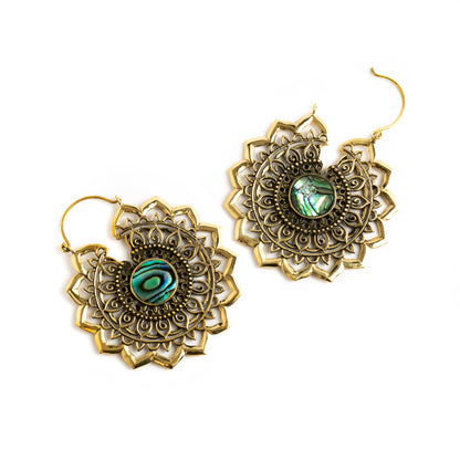 pair of golden brass large lotus open mandala earrings with centred abalone frontal open closure modeview