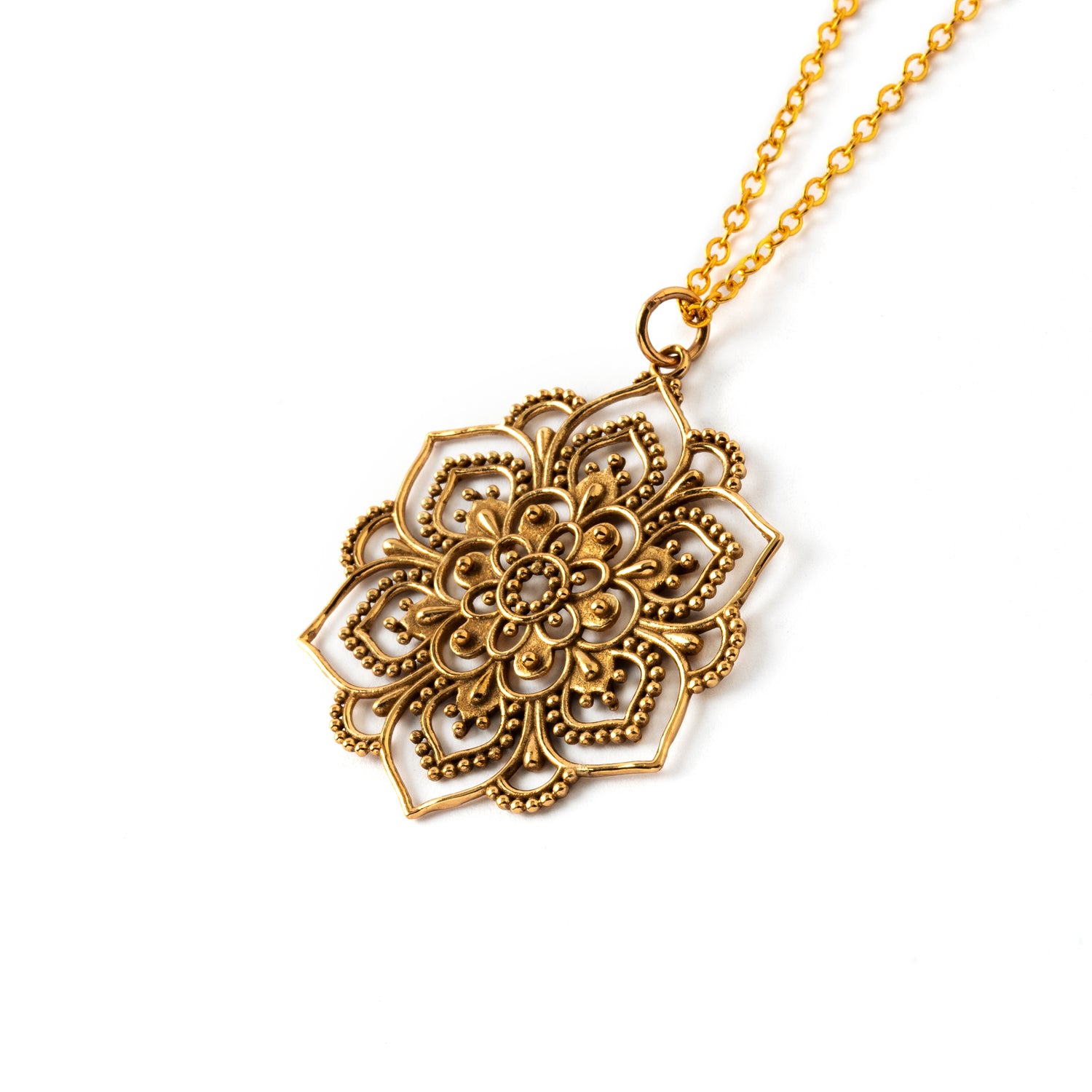 Intricate Lotus Mandala Bronze Necklace left side view