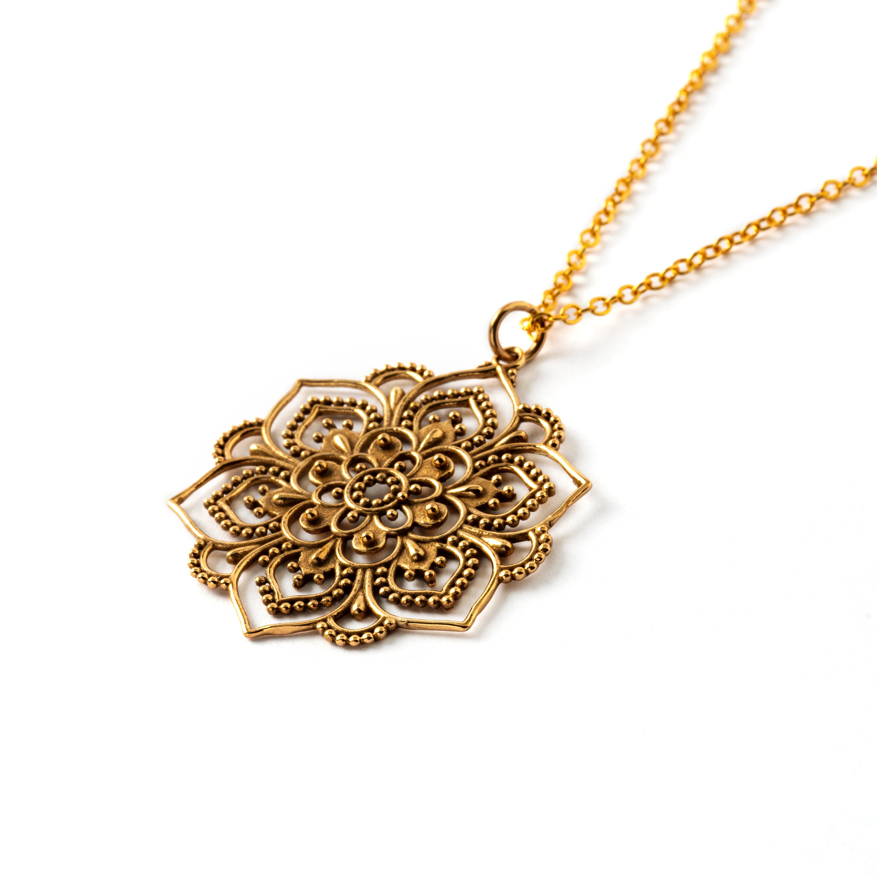 Intricate Lotus Mandala Bronze Necklace left side view