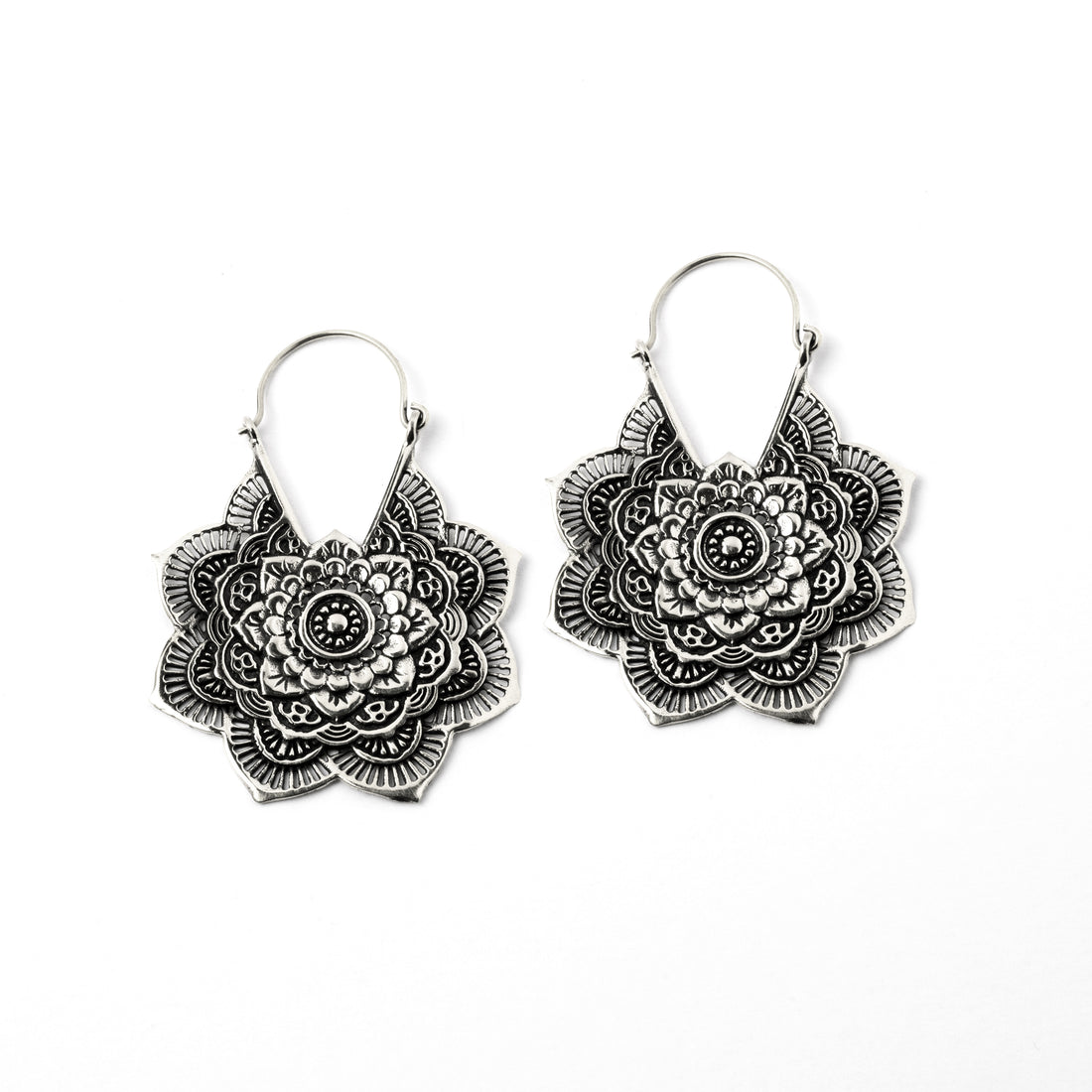 pair of white brass carved layered flower mandala earrings frontal view