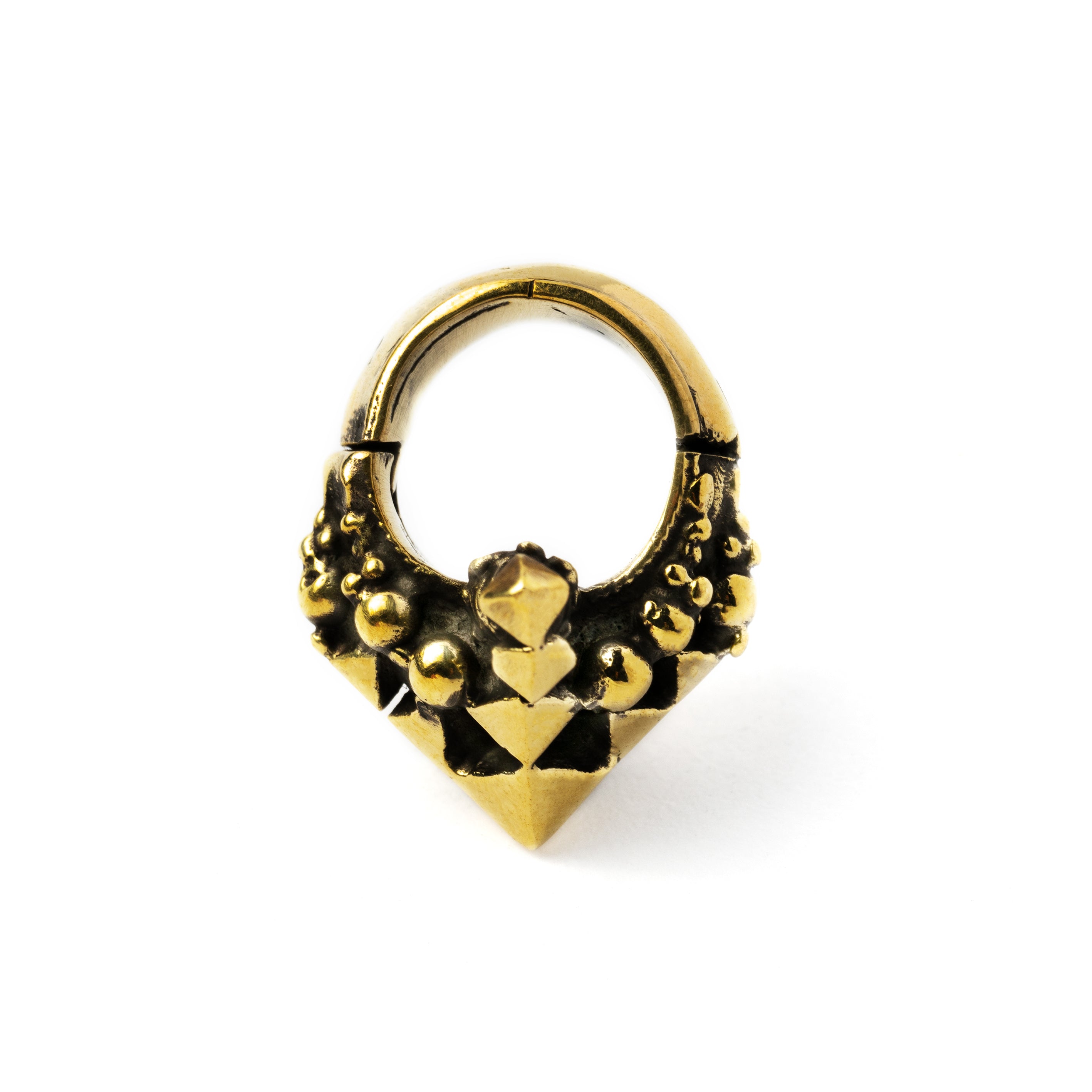 single gold brass Indian inspired geometric hoop ear hanger side view